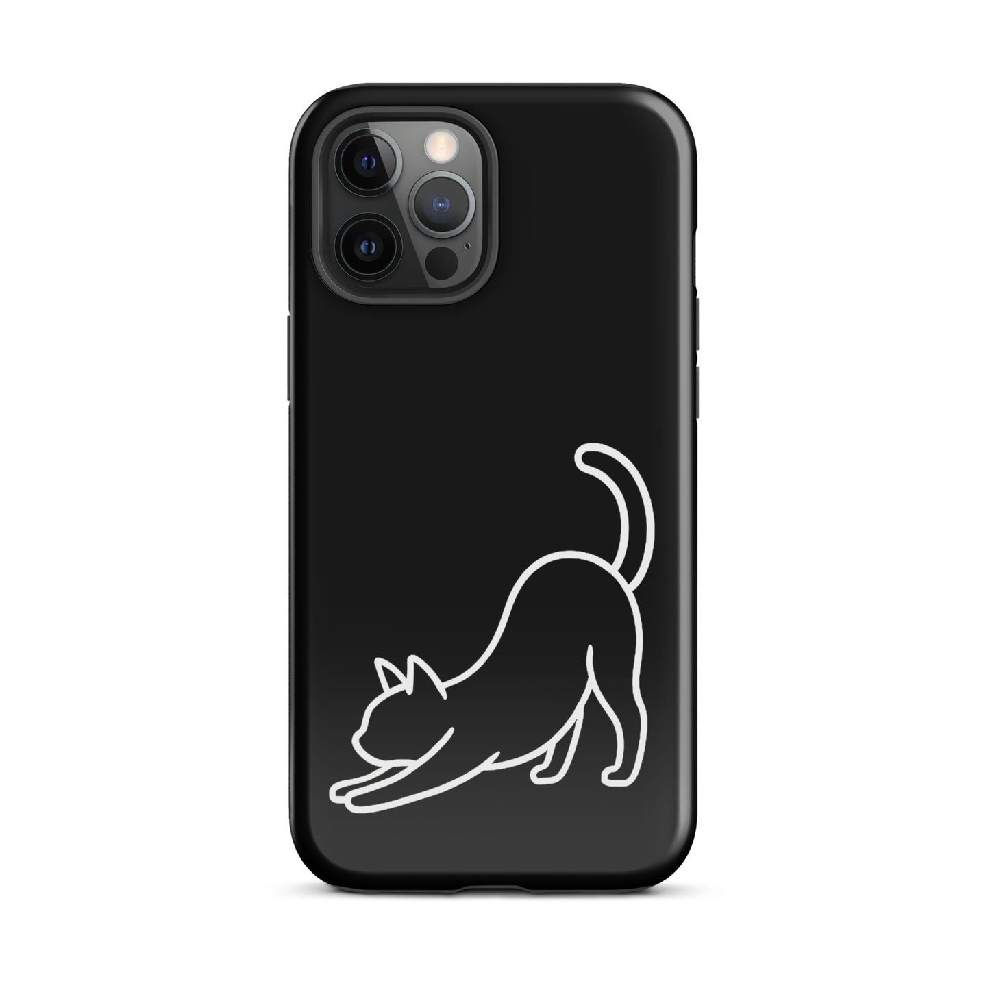 Phone Case for iPhone with minimalist stretching cat design, black case with white cat artwork, impact protection, for cat lovers