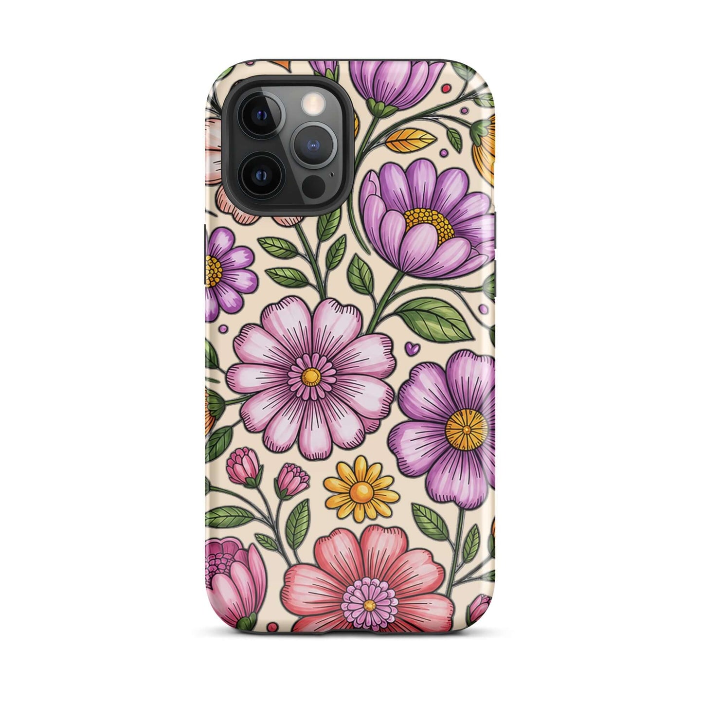 Phone Case with pastel floral design for iPhone, featuring pink, purple, and yellow flowers on a durable polycarbonate shell.