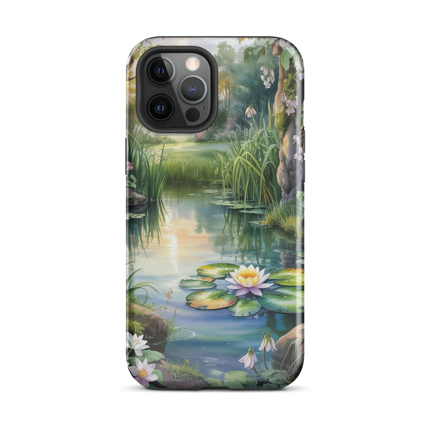 Phone Case for iPhone with Enchanted Pond design featuring lily-dotted pond, sunset light, and wildflowers.