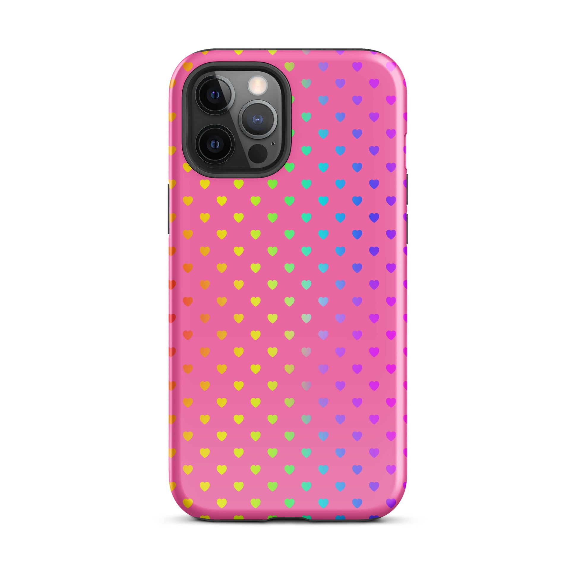 Phone Case for iPhone with cute rainbow hearts on pink background, cheerful design