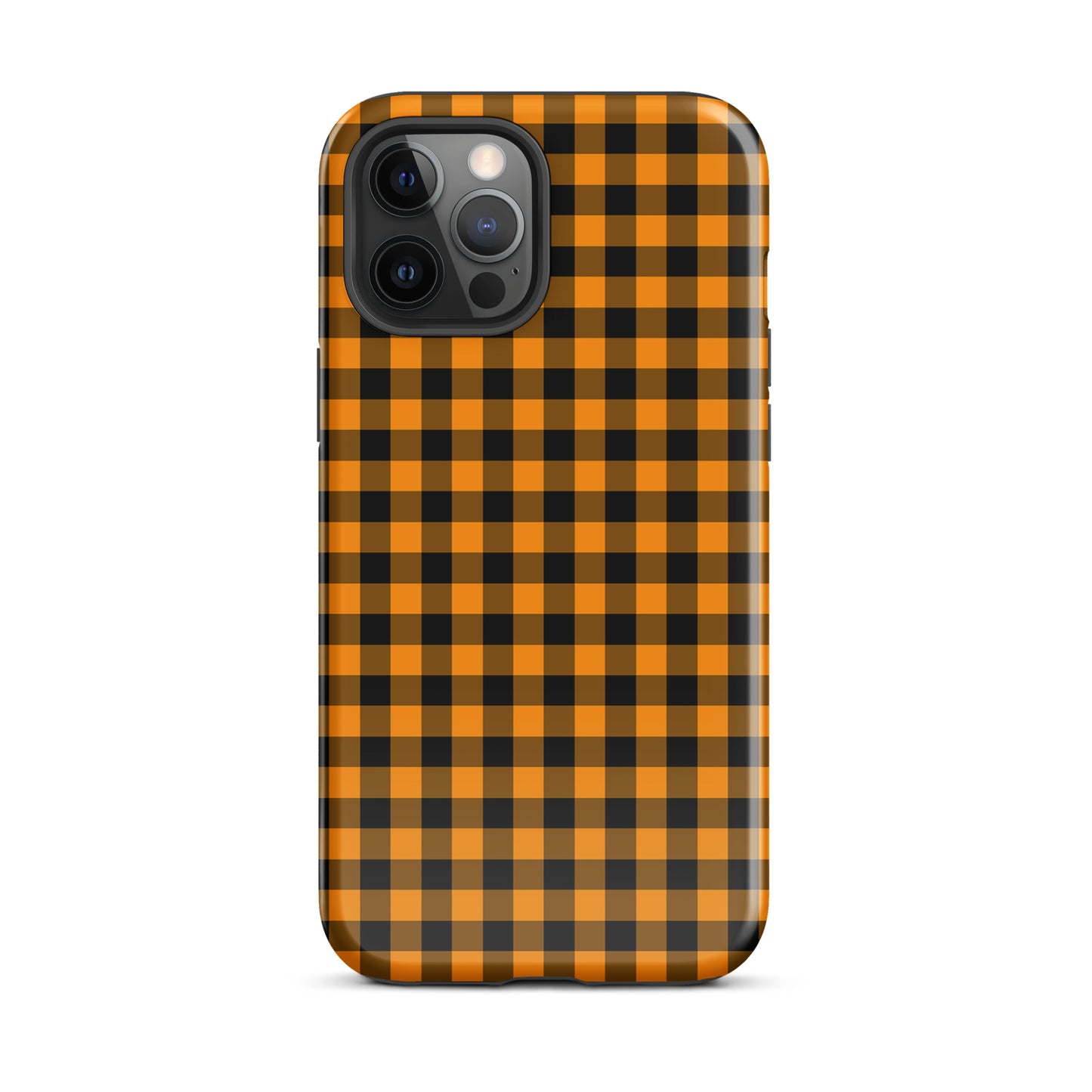 phone case with black-and-orange gingham pattern for iPhone in autumn theme