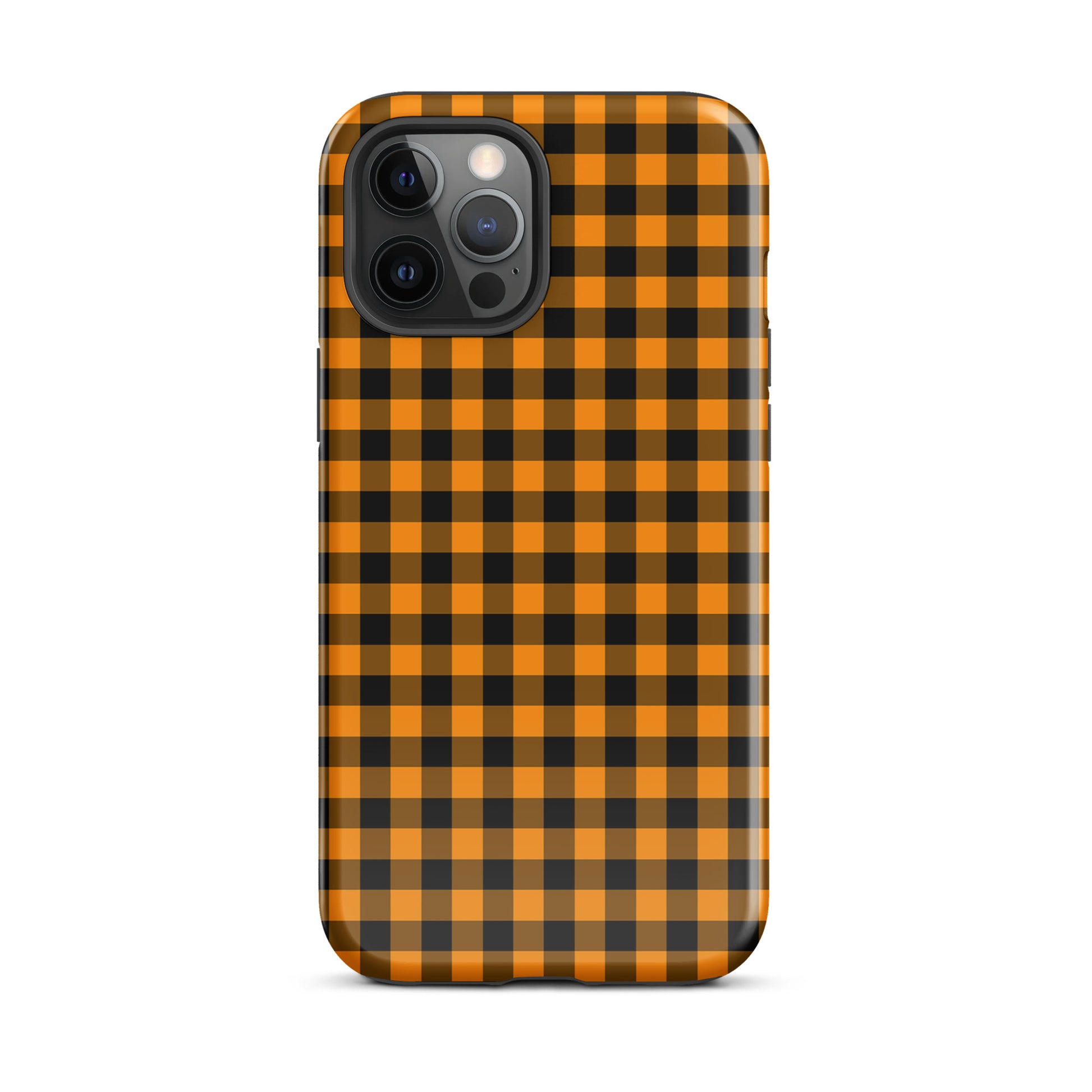 phone case with black-and-orange gingham pattern for iPhone in autumn theme