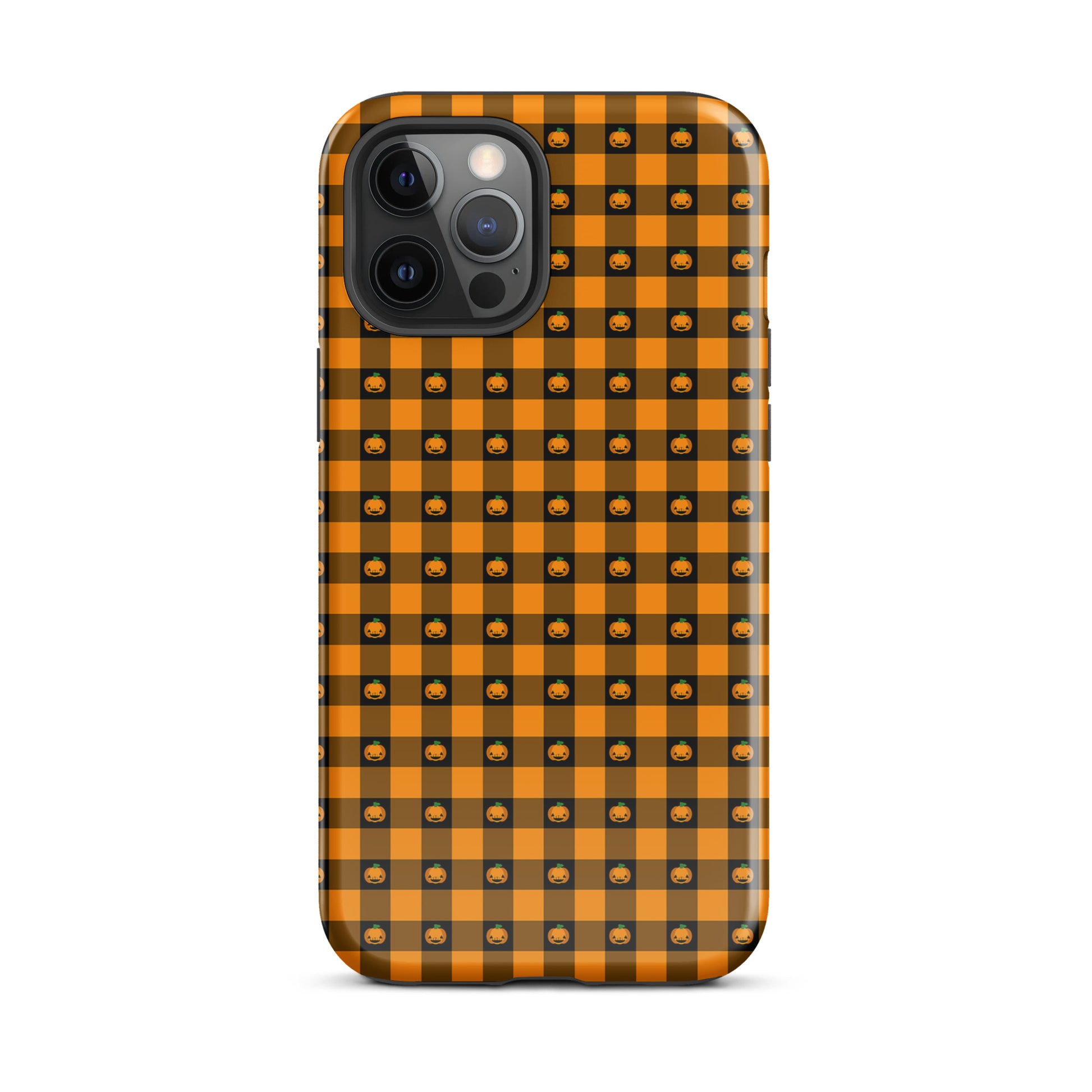 Phone Case with playful pumpkin gingham Halloween design for iPhone, featuring jack-o’-lantern faces in an orange and black checkered pattern.