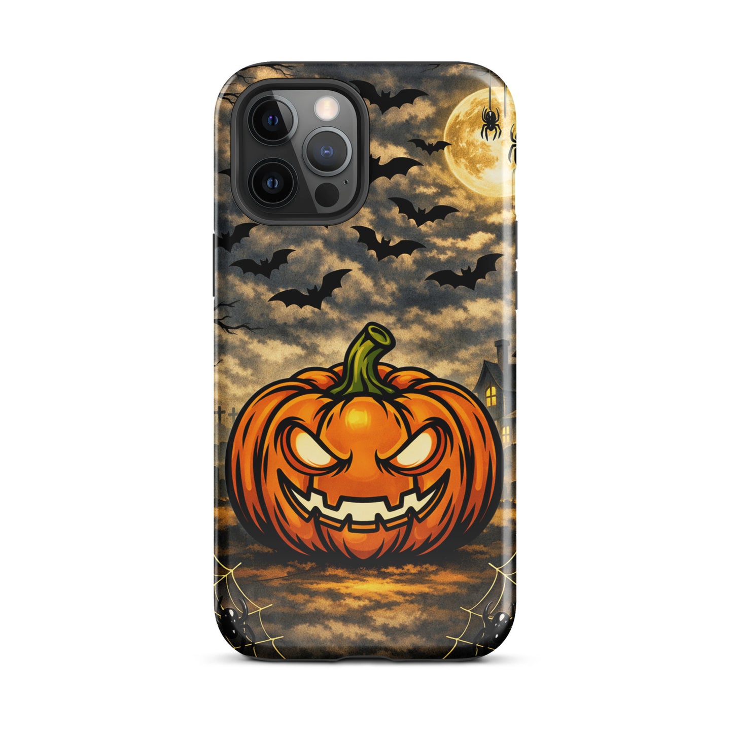 Phone Case for iPhone featuring haunted pumpkin, moonlit Halloween scene with bats, clouds, and haunted house design.