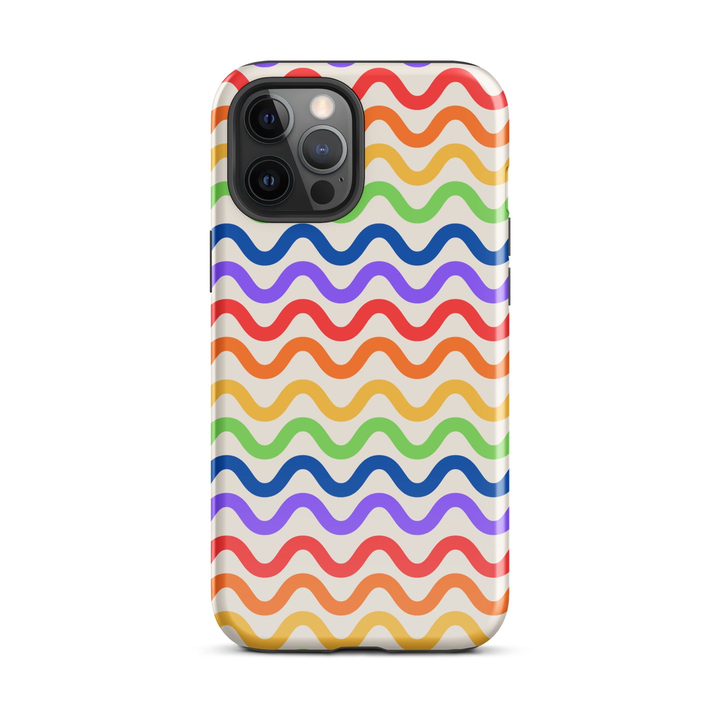 Phone Case for iPhone with wavy rainbow design on white backdrop, featuring vibrant colors for a playful yet protective style.