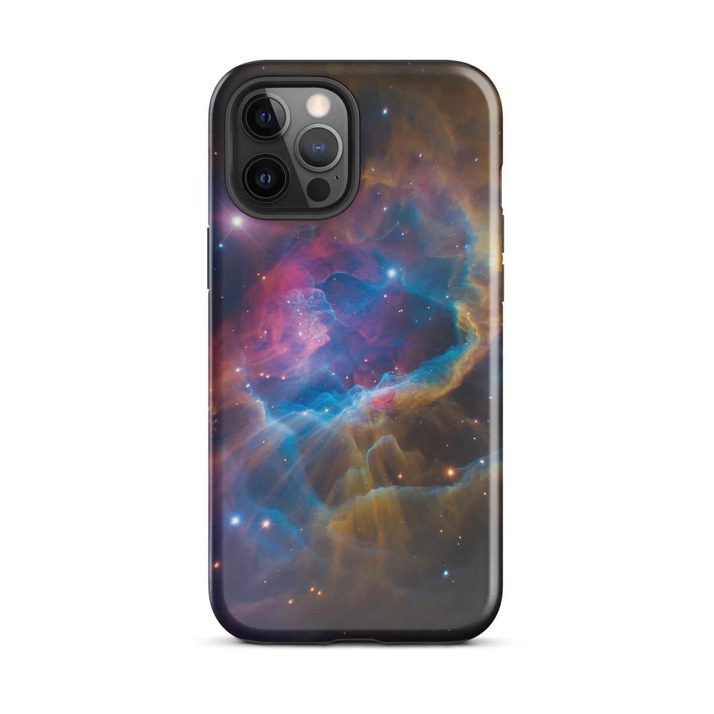 Phone Case for iPhone featuring Nebula Cosmic Dreamscape design with vibrant blues, oranges, and pinks resembling a swirling nebula.