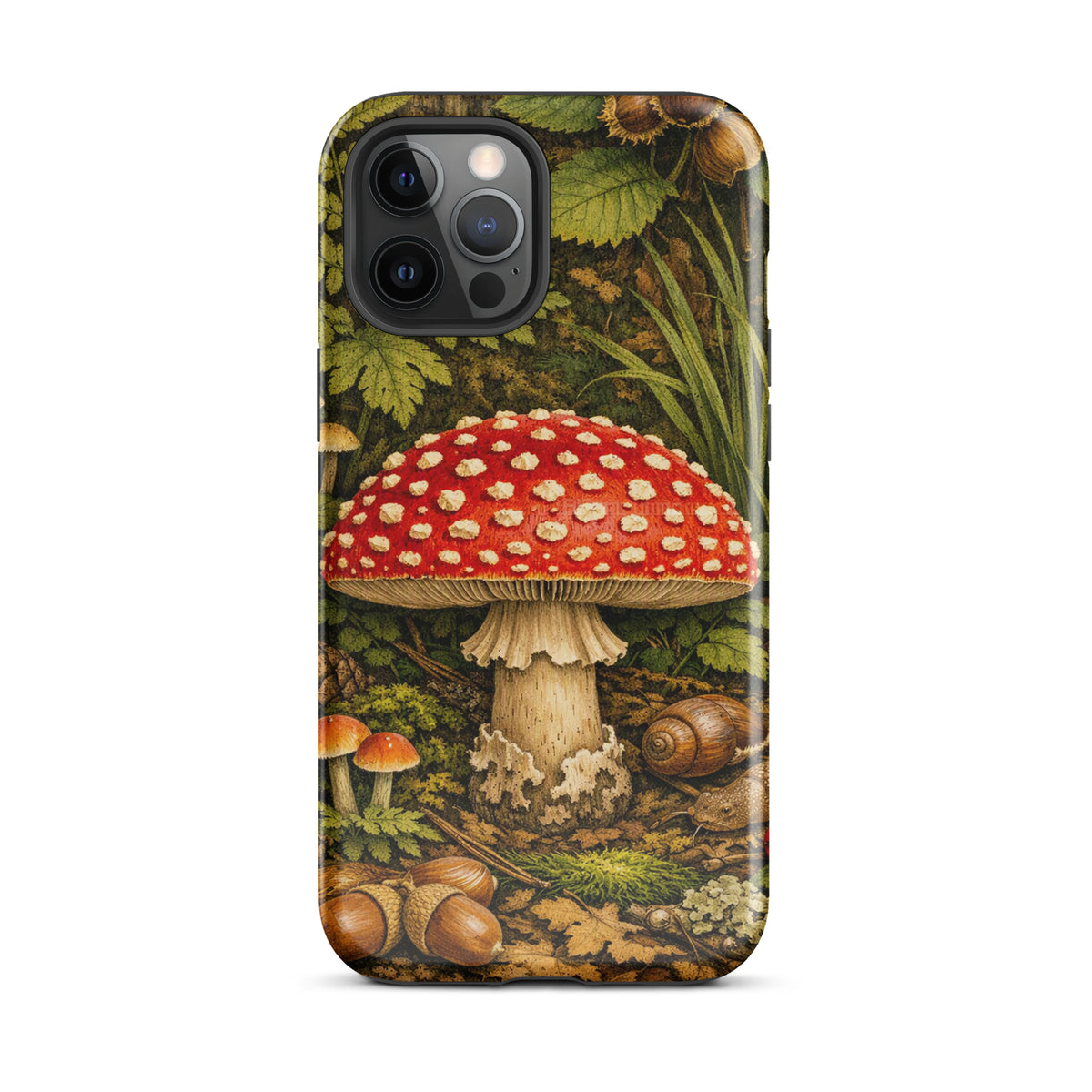 Phone Case for iPhone featuring Amanita muscaria mushroom in lush forest setting, vivid red cap with white spots, botanical illustration.