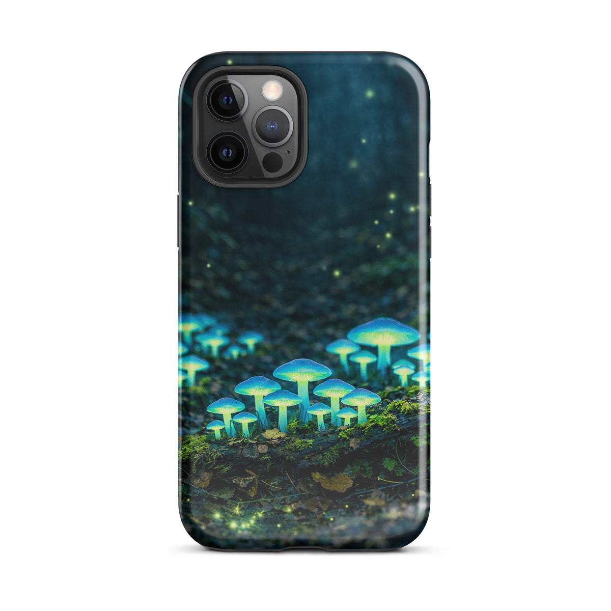 Phone Case for iPhone featuring glowing forest mushrooms with ethereal blue-green light, magical woodland design.
