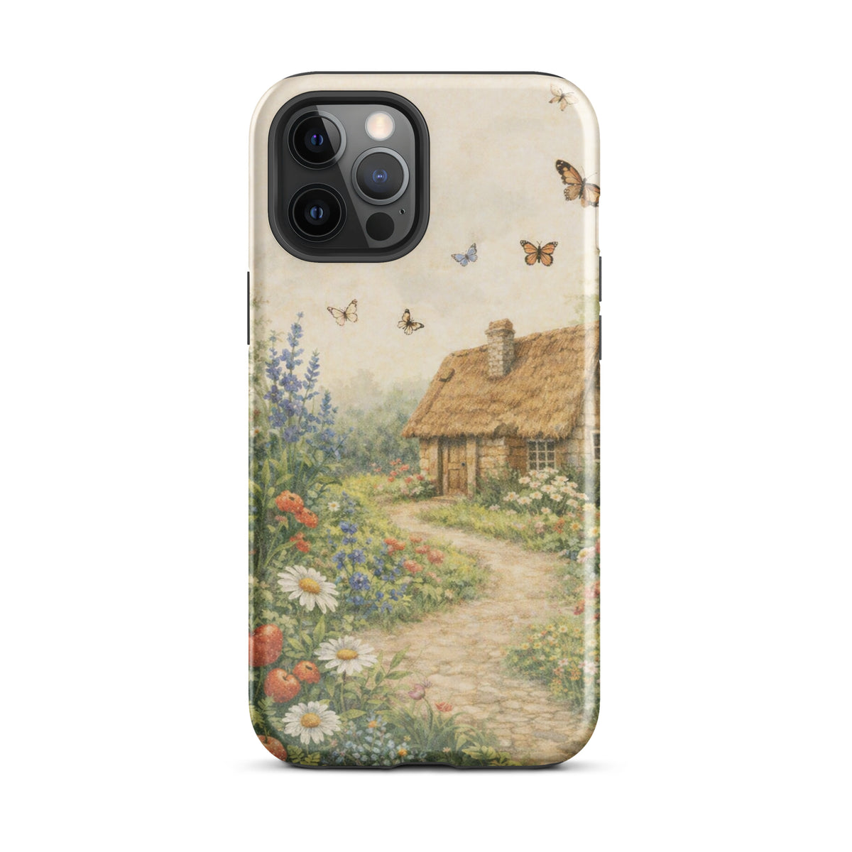 Phone Case for iPhone with cottage garden art, featuring a stone cottage, daisies, poppies, lavender, and butterflies on a cream background.