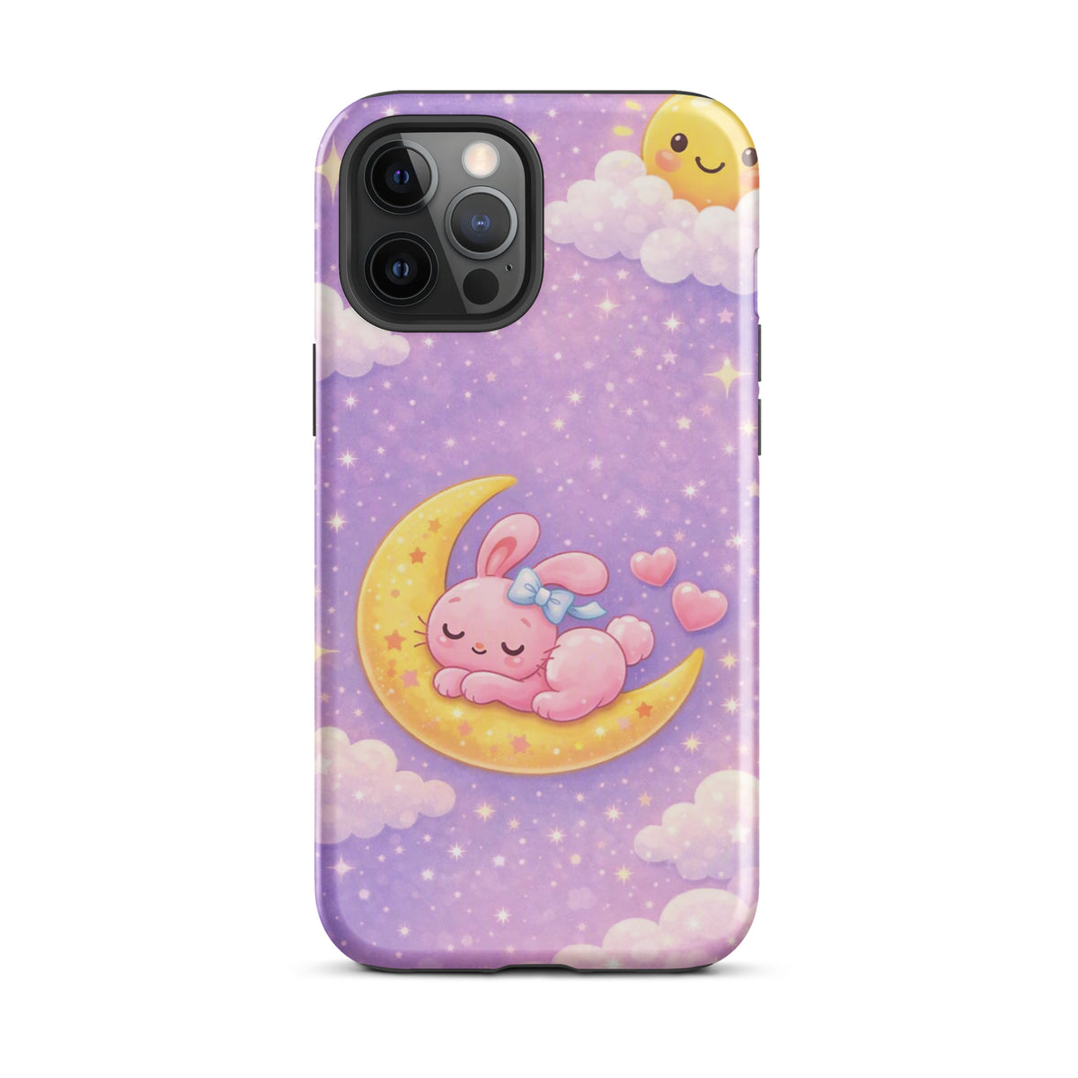 Phone Case for iPhone with cute bunny on moon design, stars, and pastel colors.