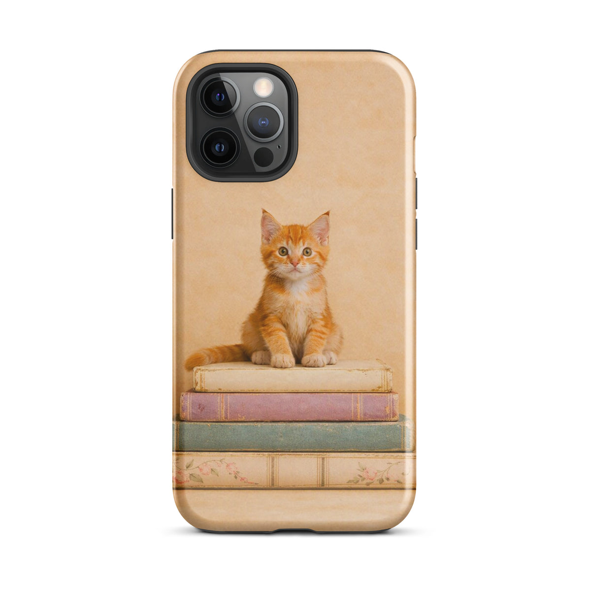 Phone Case for iPhone with cozy kitten and vintage books design, featuring a cute orange tabby cat on stacked pastel books.