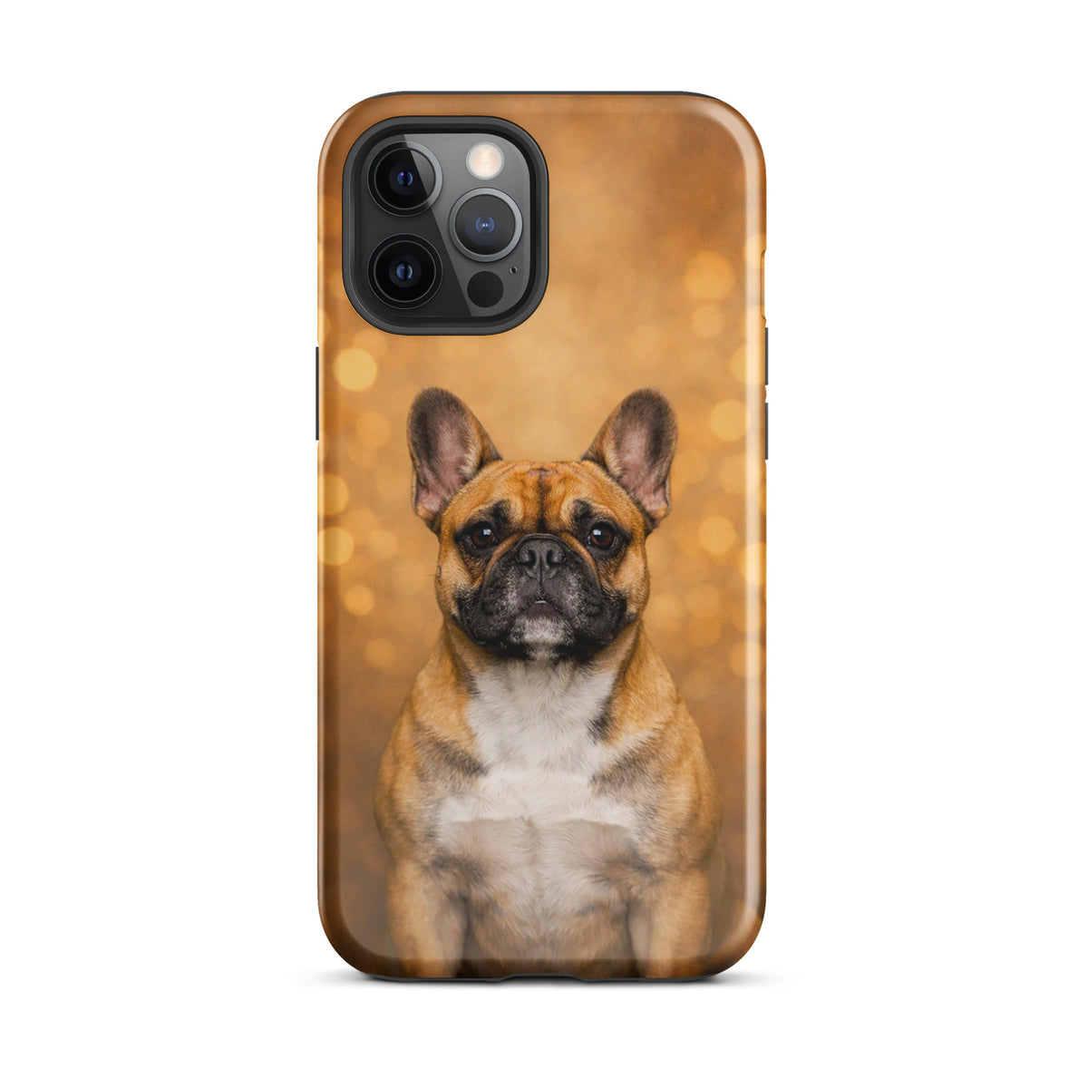 Phone Case for iPhone featuring a French Bulldog portrait with a warm golden bokeh background, ideal for dog lovers and smartphone owners.