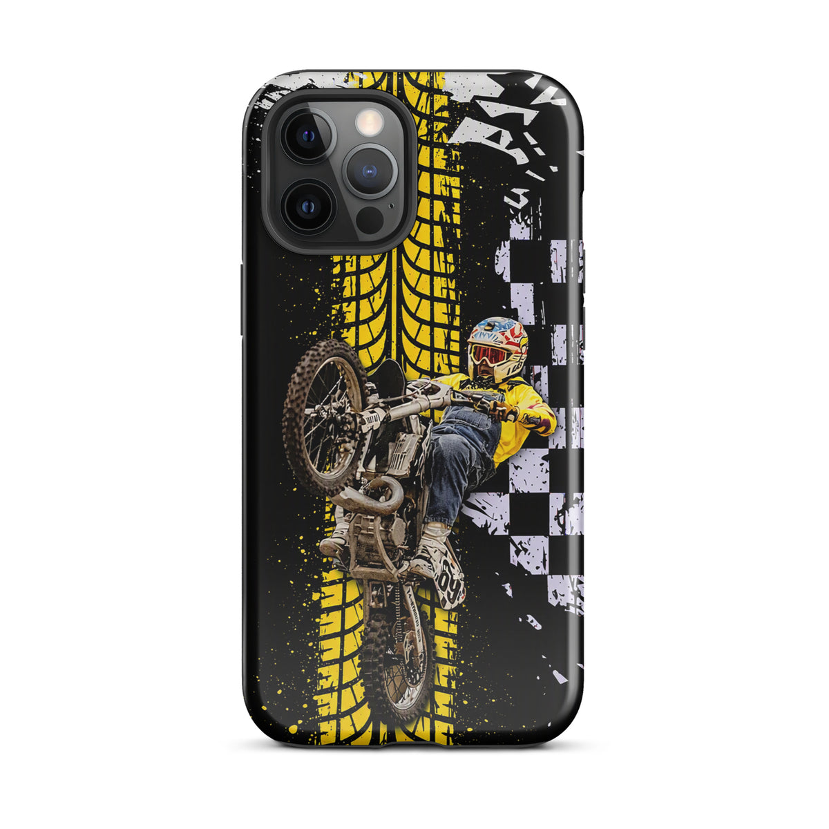 Phone Case for iPhone with Ronnie Mac air-wheelie design, featuring motocross, black and yellow palette, tire tread, checkerboard pattern.