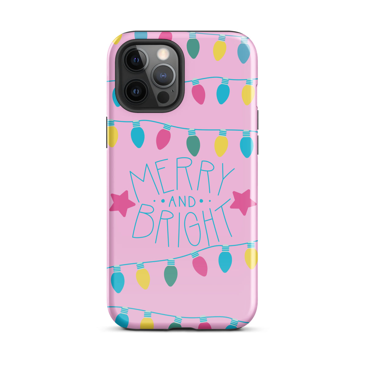 Phone Case for iPhone with Merry and Bright design, holiday lights and colorful bulbs on pink background