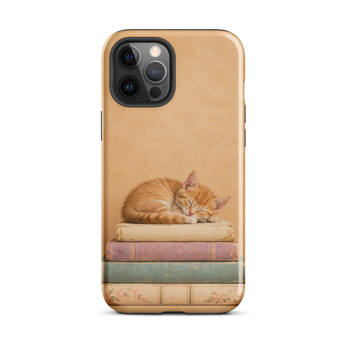 Phone Case for iPhone featuring a sleeping kitten on vintage books, orange cat illustration, cozy reading design.
