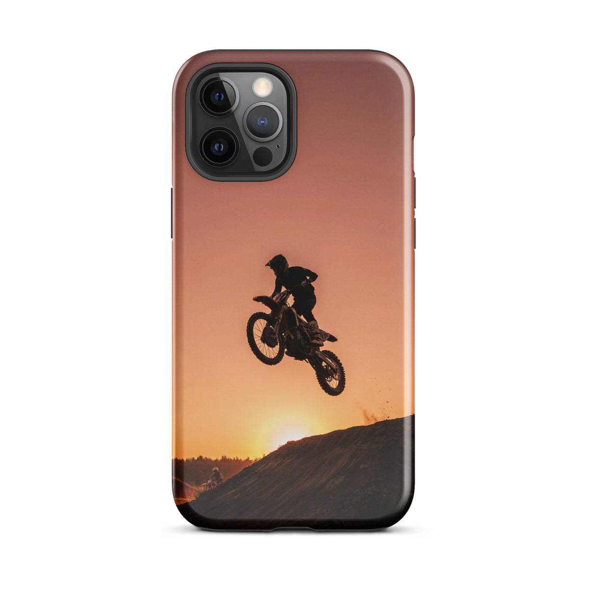 Phone Case for iPhone with motocross sunset dirt bike design, featuring a dirt bike jump silhouetted against a glowing sunset.