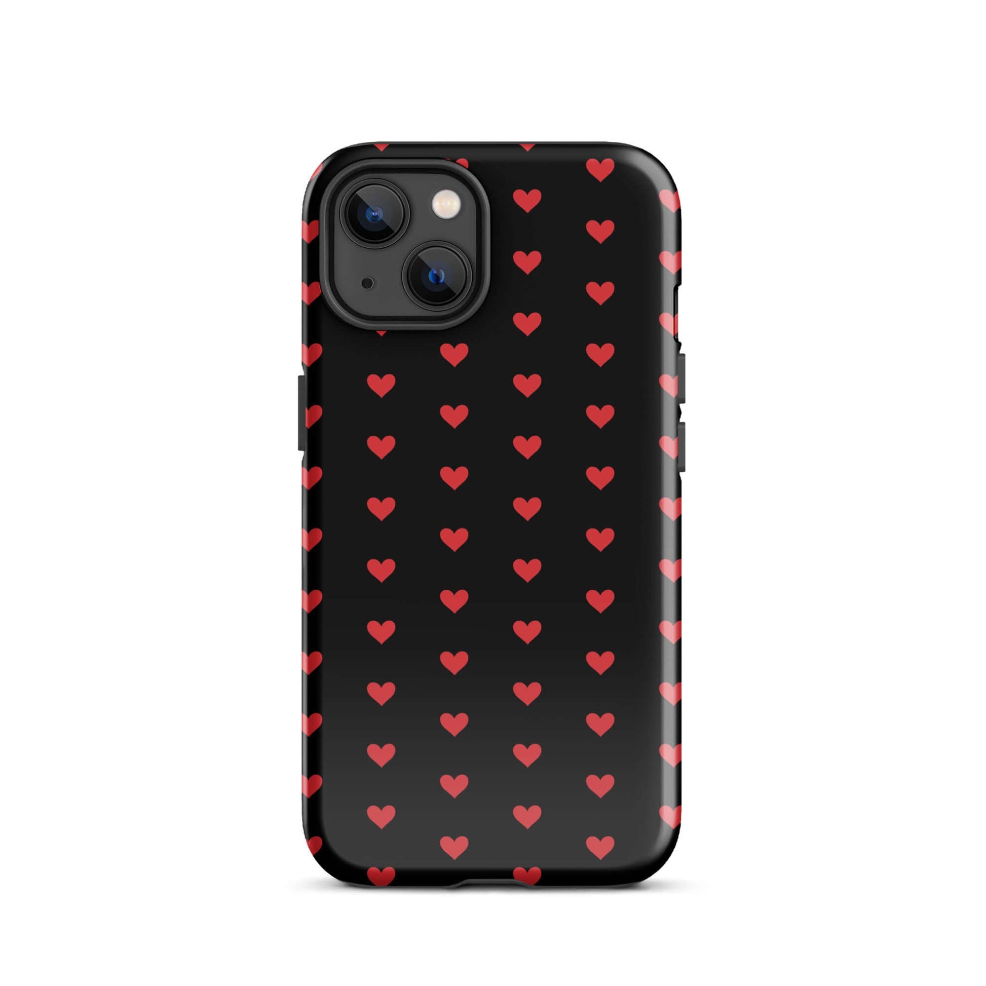 Phone Case for iPhone featuring a pattern of fiery red hearts on a sleek black background.