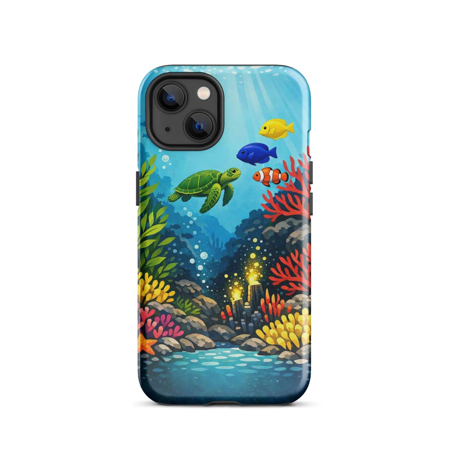 Vibrant phone case for iPhone featuring a sea turtle and coral reef design with colorful tropical fish.