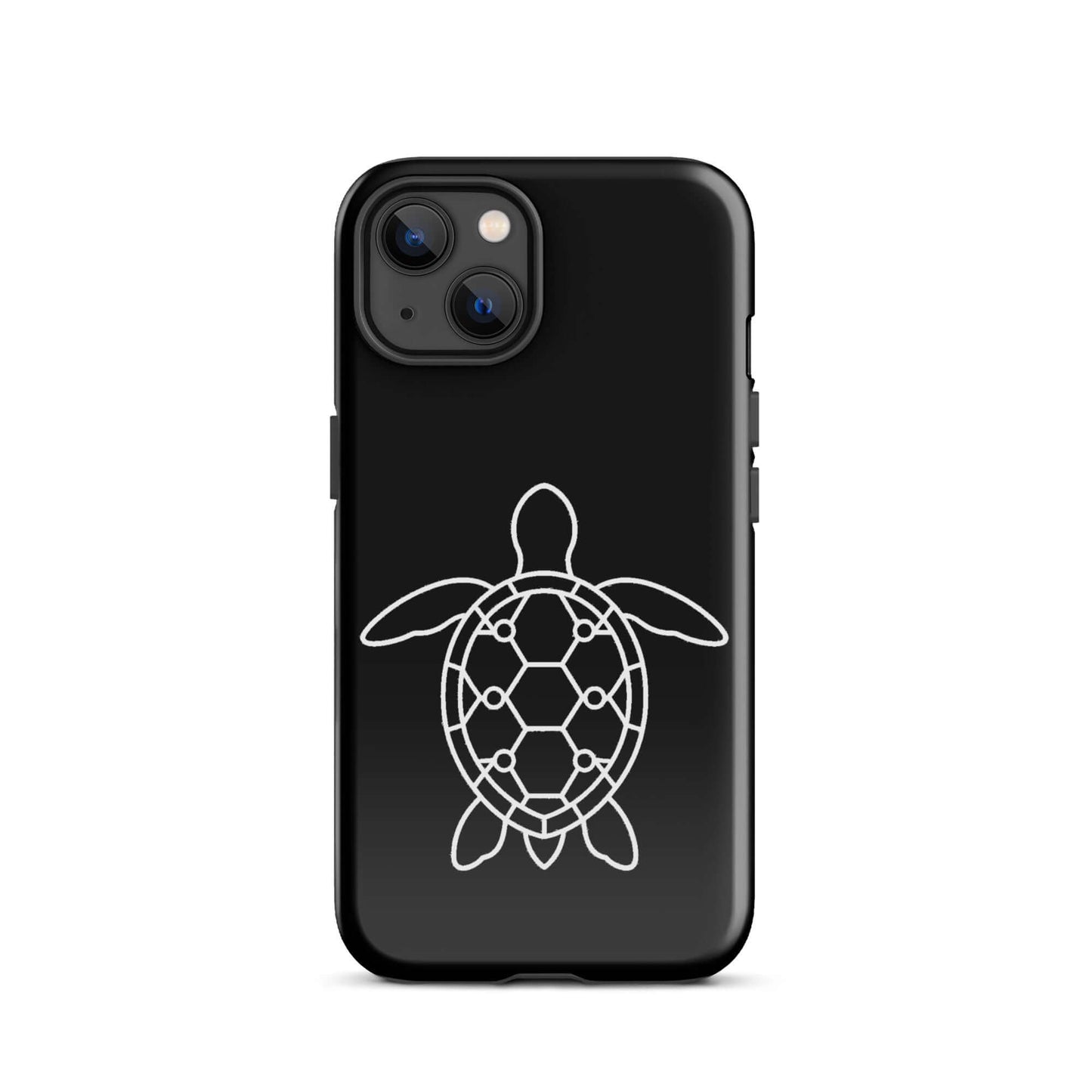 Phone case featuring a minimalist sea turtle silhouette with geometric design in white on a black background.