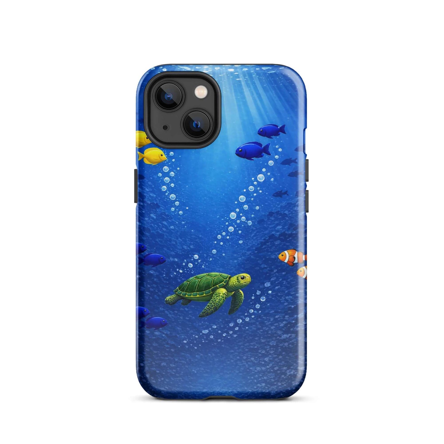 Phone Case featuring a vibrant sea turtle design in a deep blue underwater scene with tropical fish.