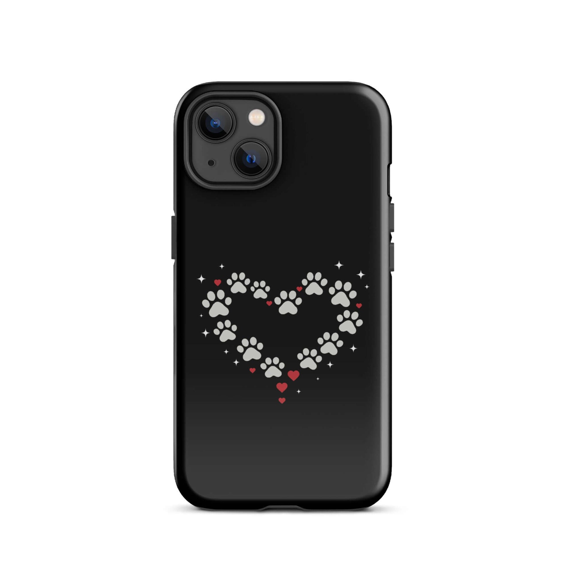 Phone Case for iPhone featuring a paw-print heart design on a black background, perfect for pet lovers.