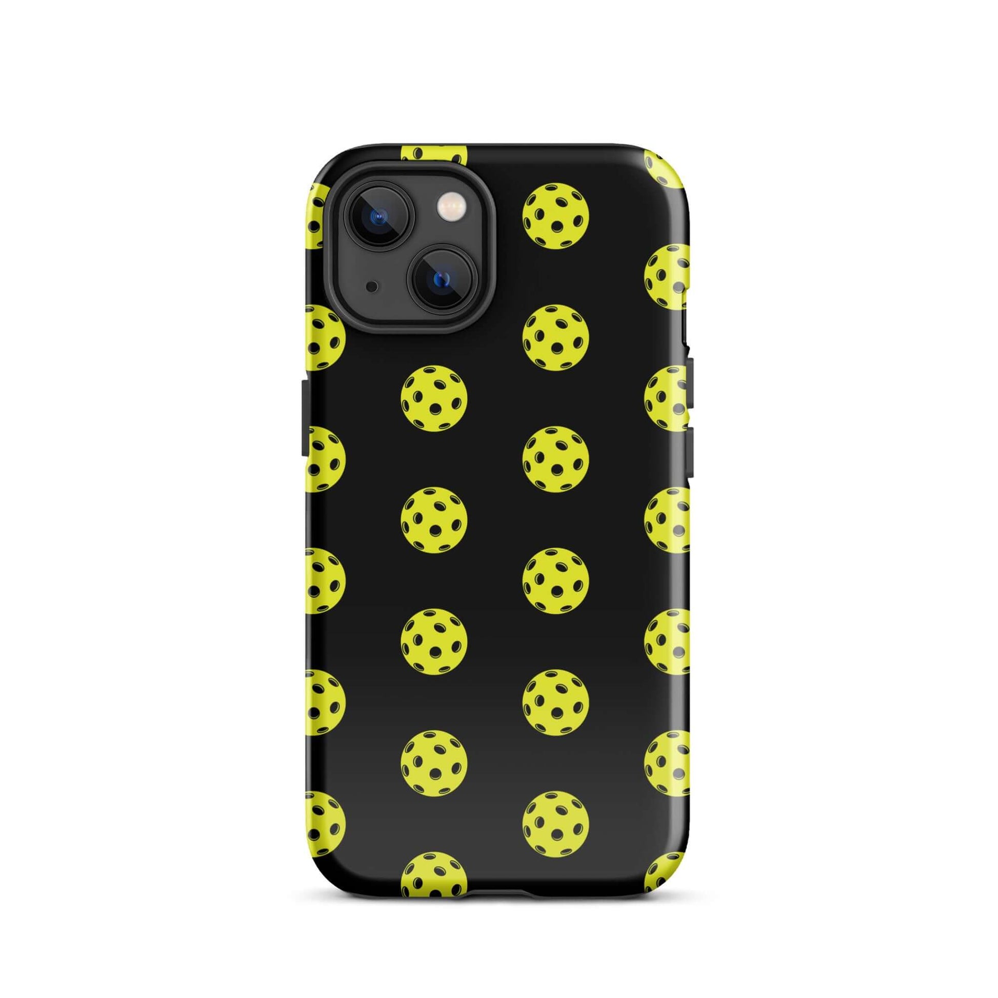 Phone Case featuring a bold pickleball pattern on a black background, perfect for sporty style lovers.