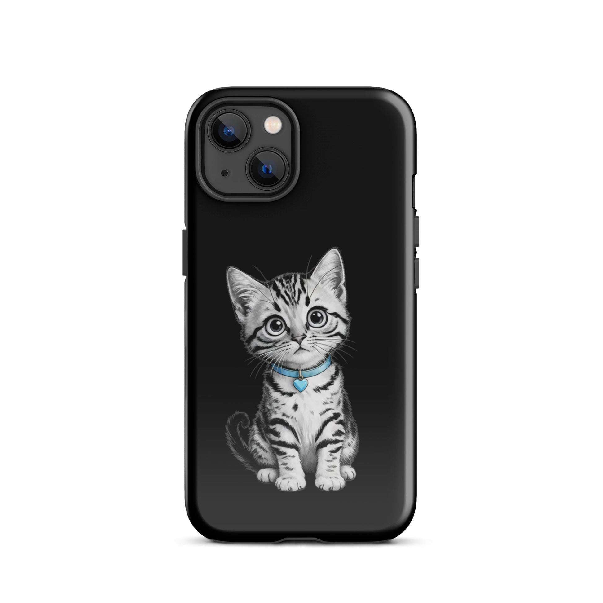 Phone Case for iPhone with kitten sketch and blue heart charm, featuring black-and-white design and artful charm.