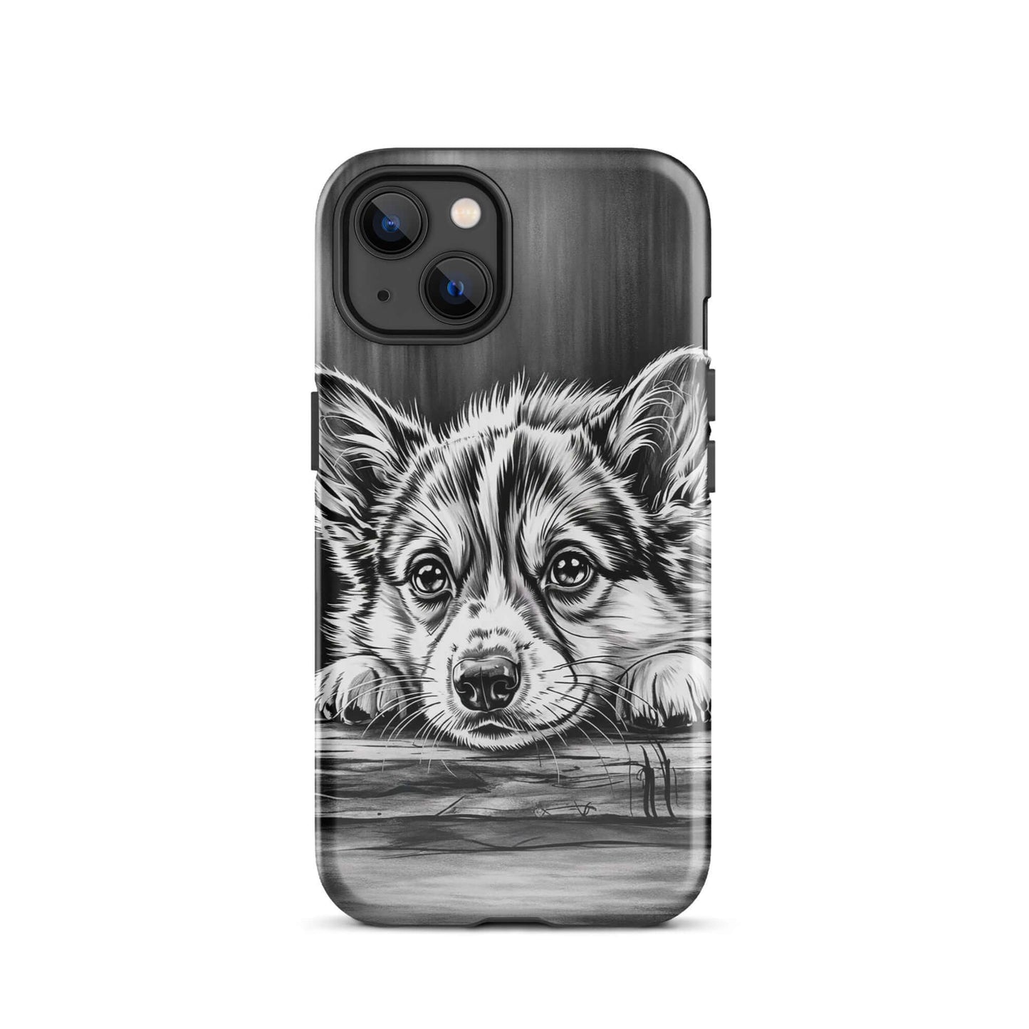 Phone Case for iPhone featuring elegant puppy art with black-and-white illustration on aged wood design.