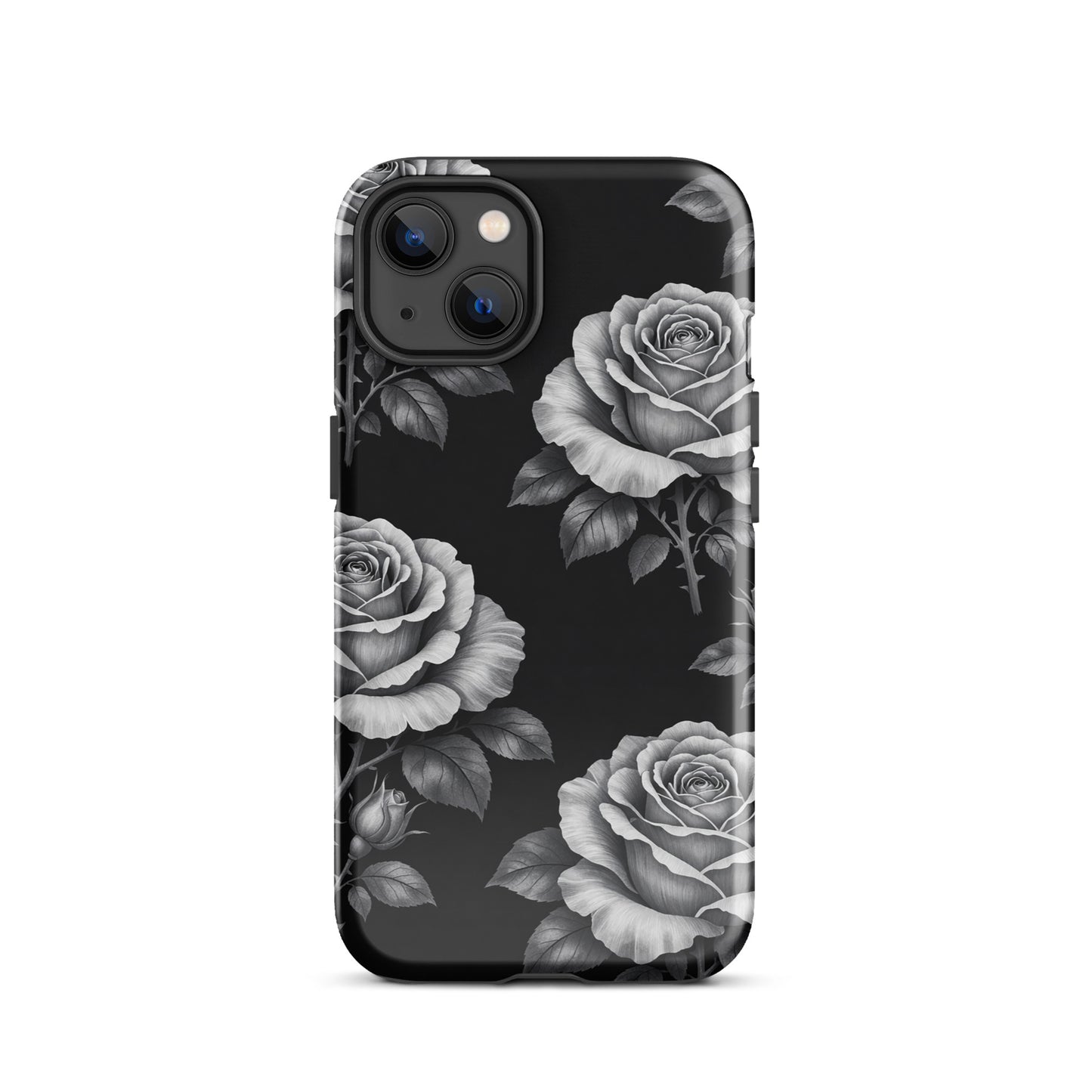Phone Case for iPhone with Rose Garden design in black, featuring pencil-sketched roses and leaves for a charming contrast.