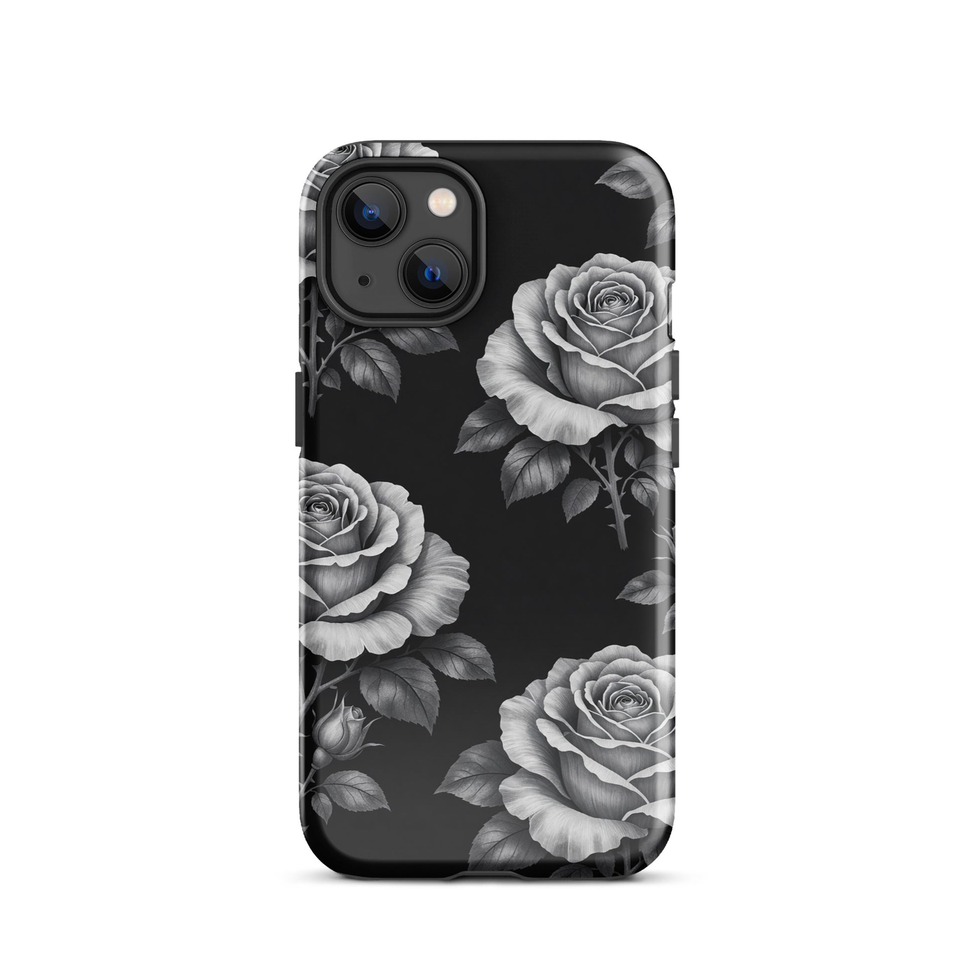 Phone Case for iPhone with Rose Garden design in black, featuring pencil-sketched roses and leaves for a charming contrast.