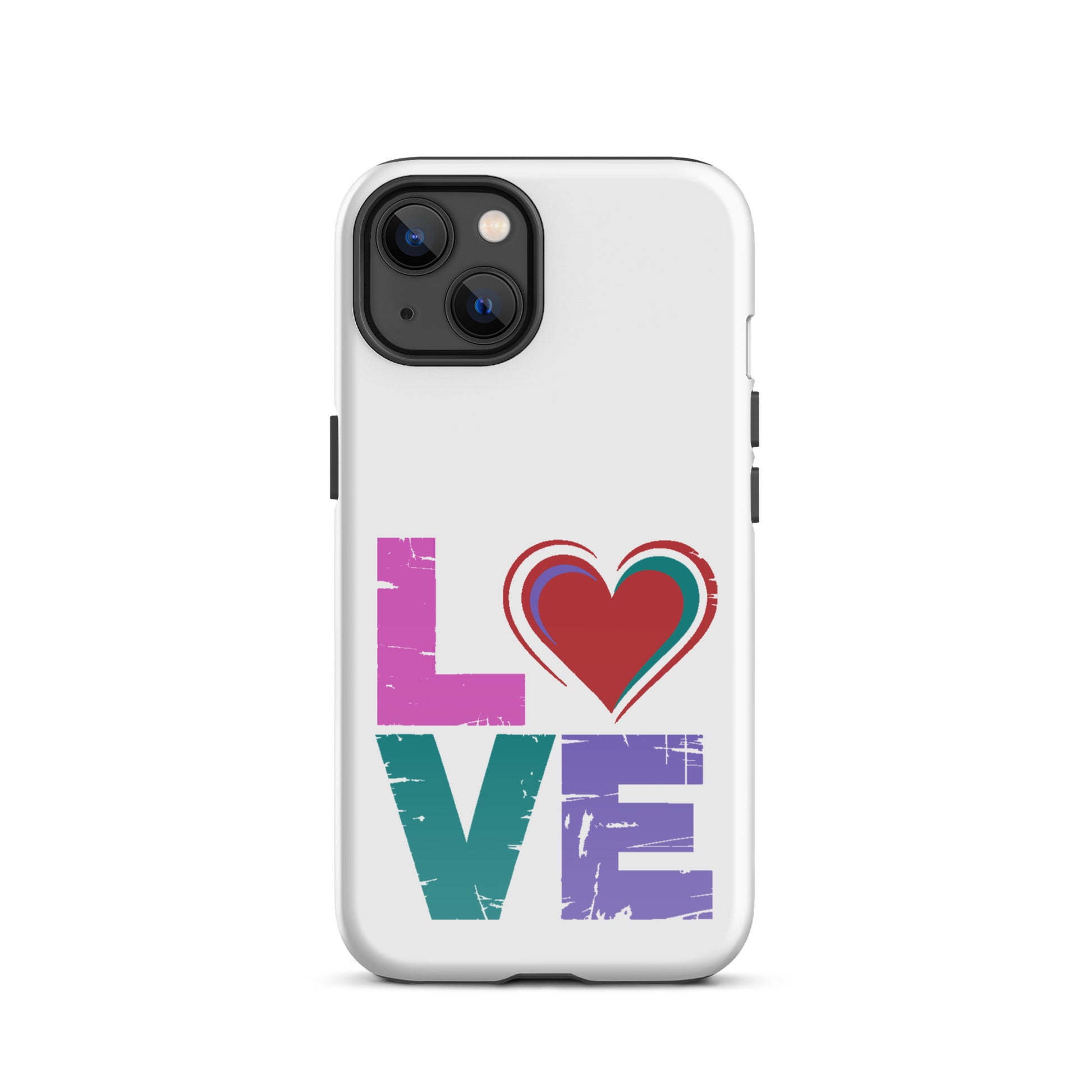 Love Dual Layer Tough Case for iPhones with heart design in place of 'o' on white background.