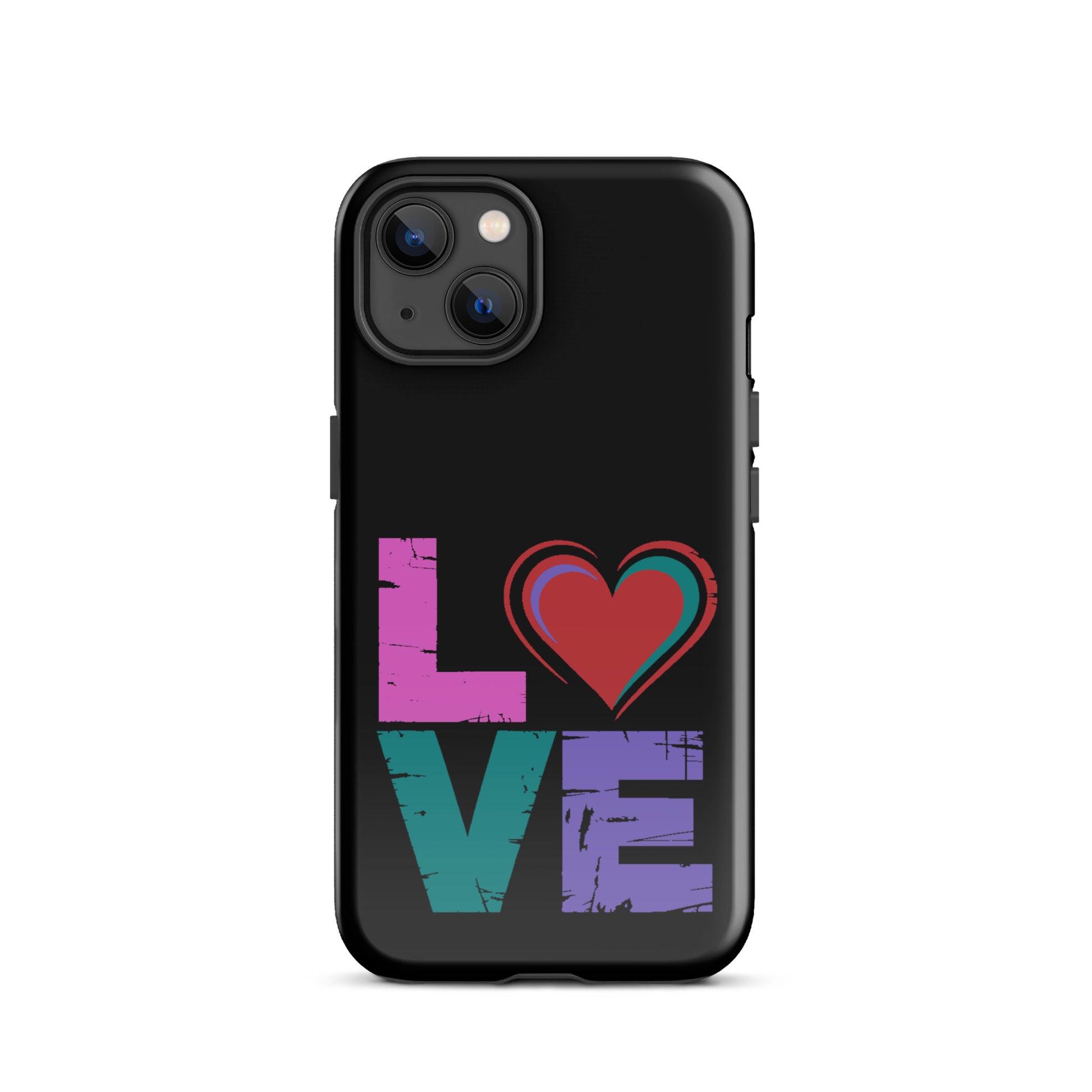 Love Dual Layer Tough Case for iPhones with heart design, showing colorful 'LOVE' text on a black background.