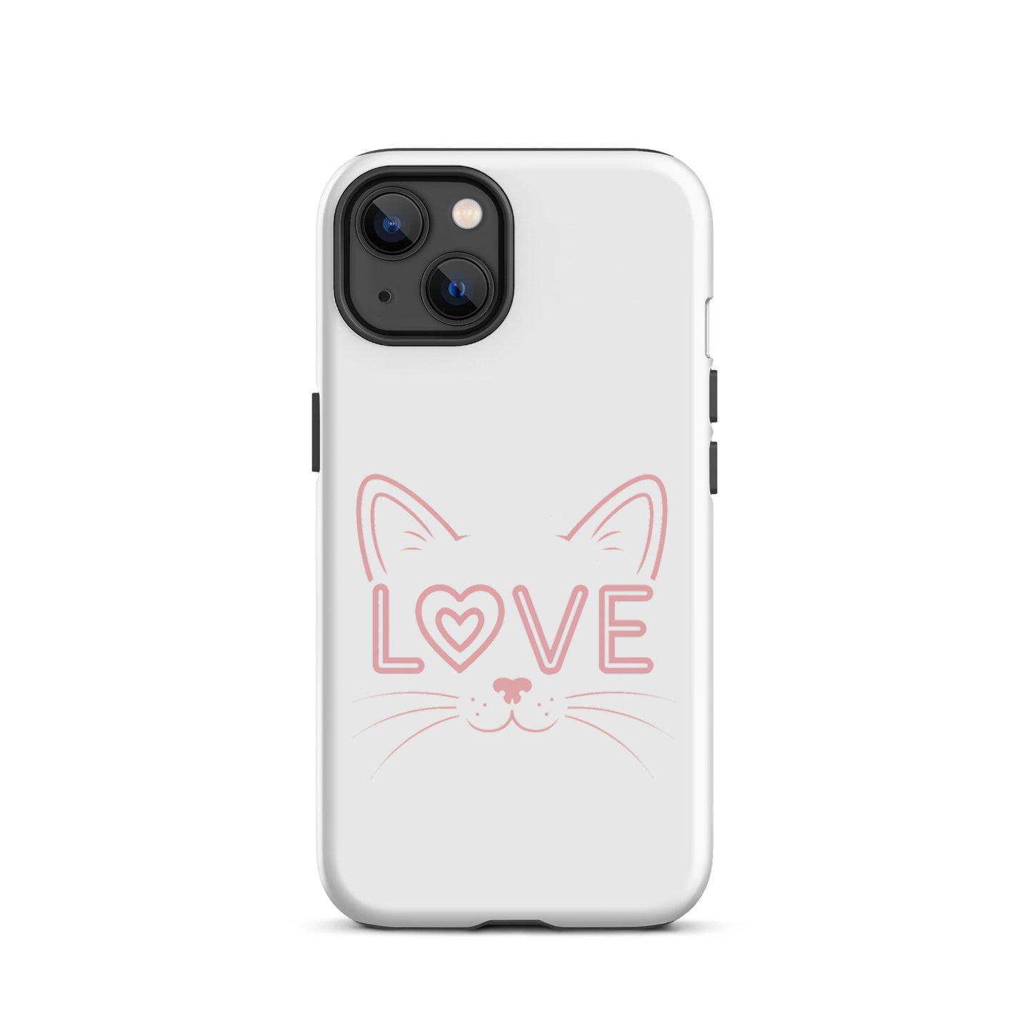 Cat Love phone case for iPhone featuring a minimalist cat face design with 'love' text, perfect for feline fanatics.