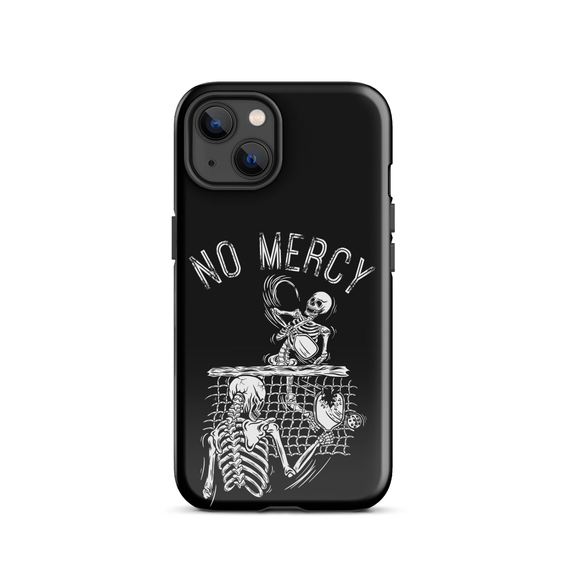 Pickleball iPhone case featuring 'No Mercy' skeleton design, perfect for aggressive players who protect their phone with style.