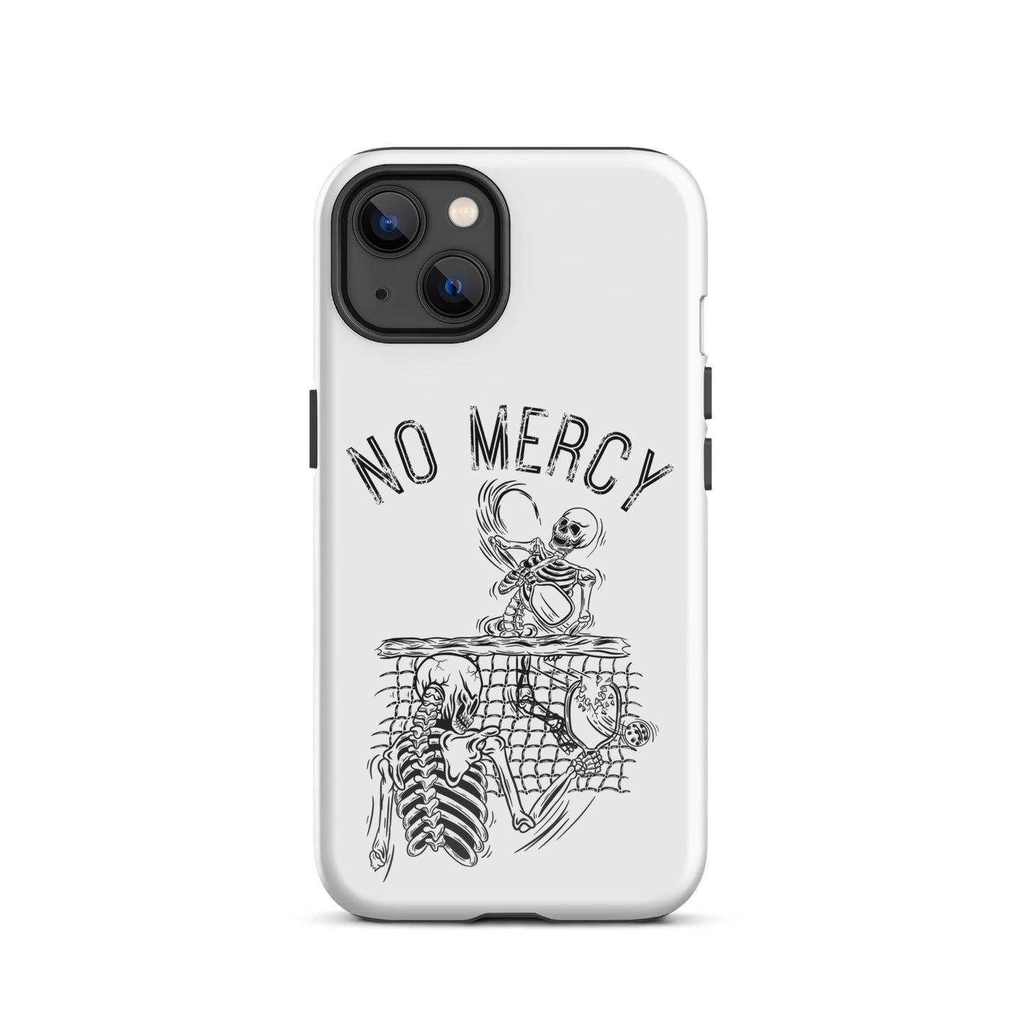 Pickleball iPhone case with 'No Mercy' design, skeletons on a net, and bold protection, ideal for intense players.