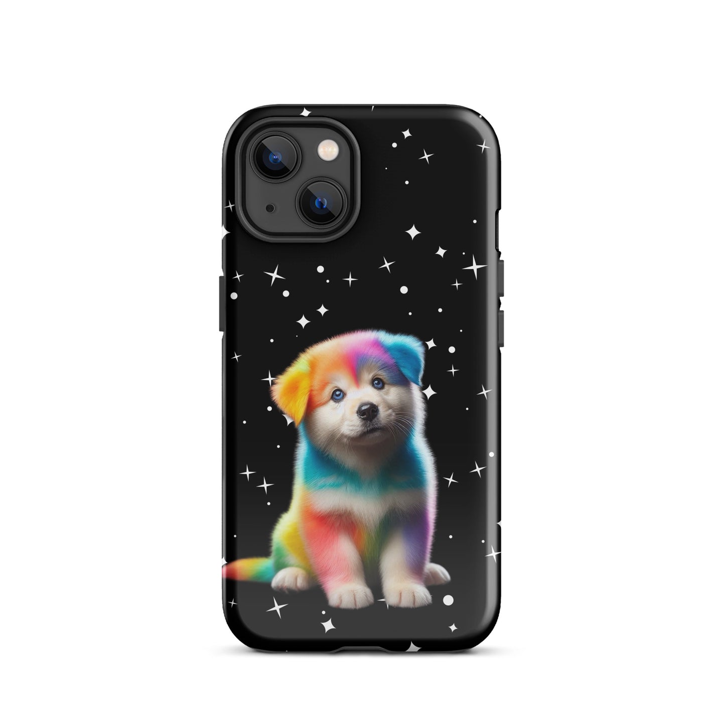 Phone Case with rainbow puppy design, starry night backdrop, protecting iPhone with style.