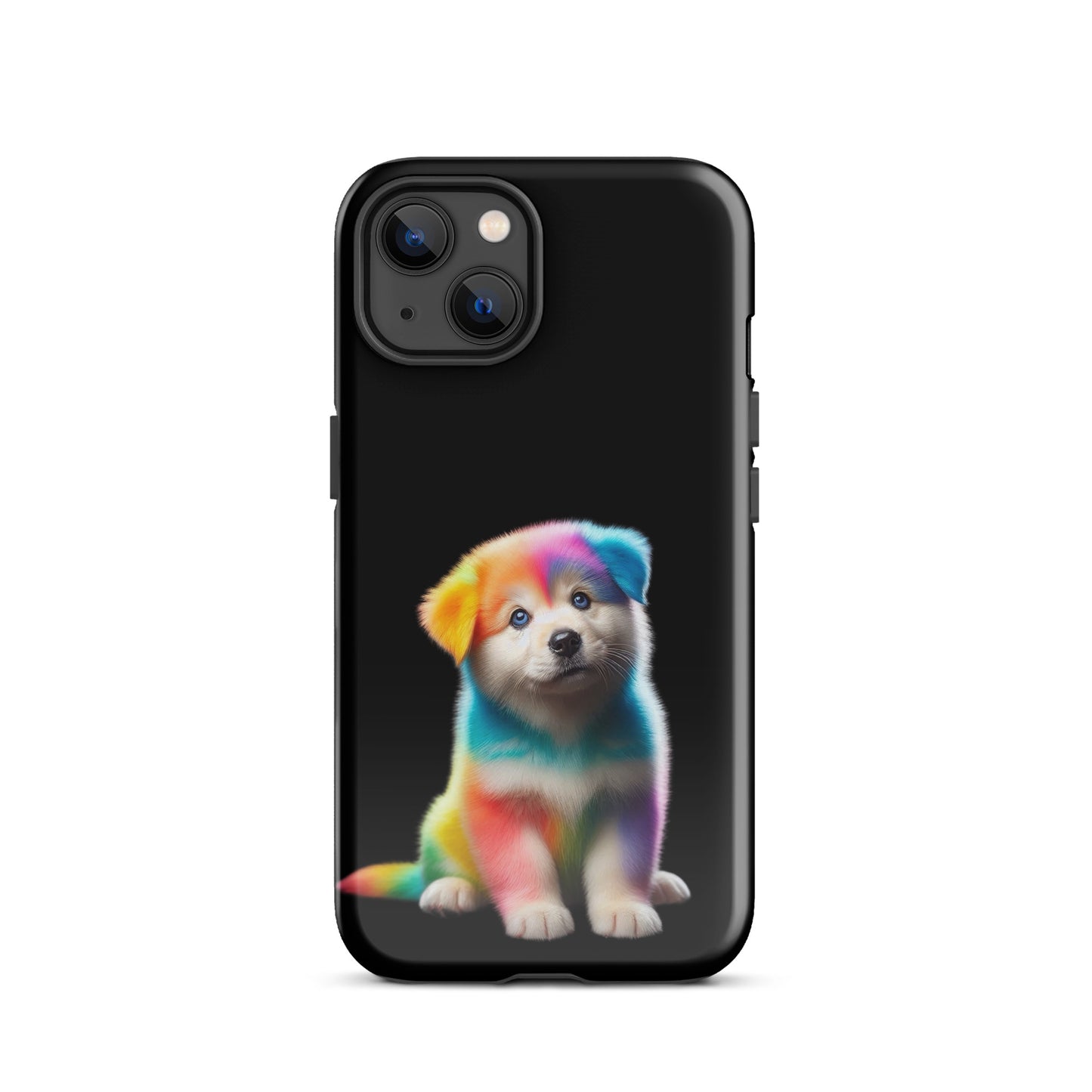 Phone Case featuring rainbow puppy design against night sky, colorful and protective cover for iPhone.