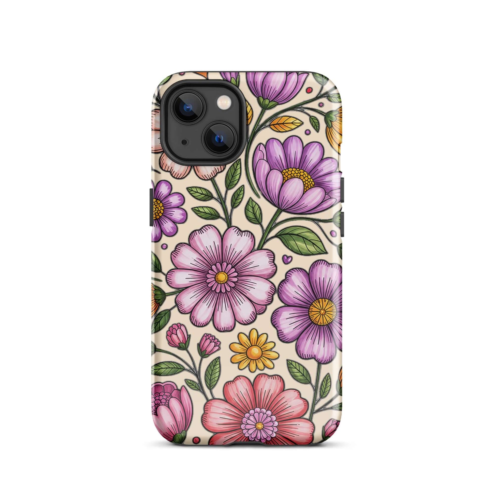 Phone Case for iPhone featuring pastel floral design with pink, lavender, and yellow flowers on a sturdy polycarbonate shell.