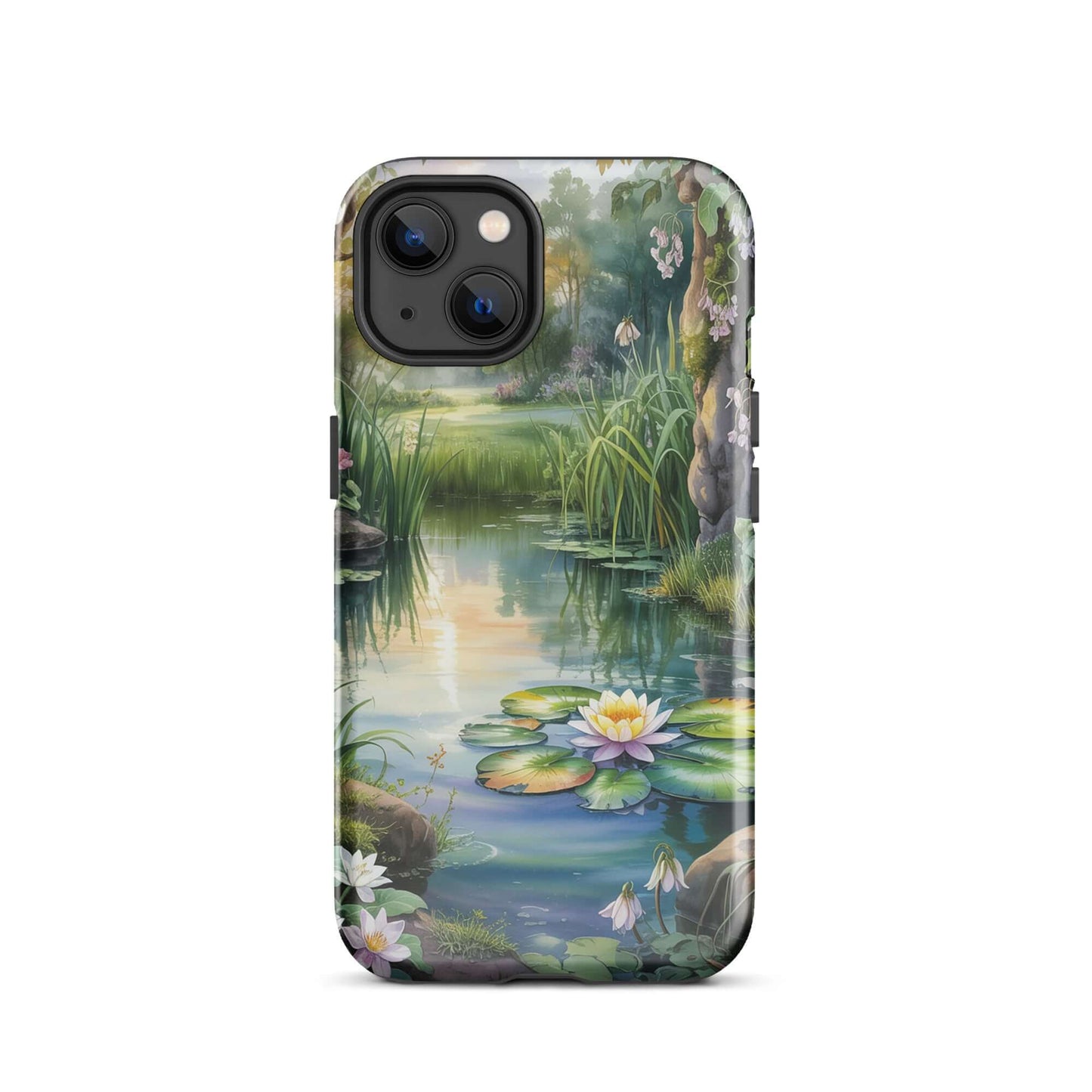 Enchanted Pond Phone Case for iPhone with tranquil water lilies and lush greenery design.