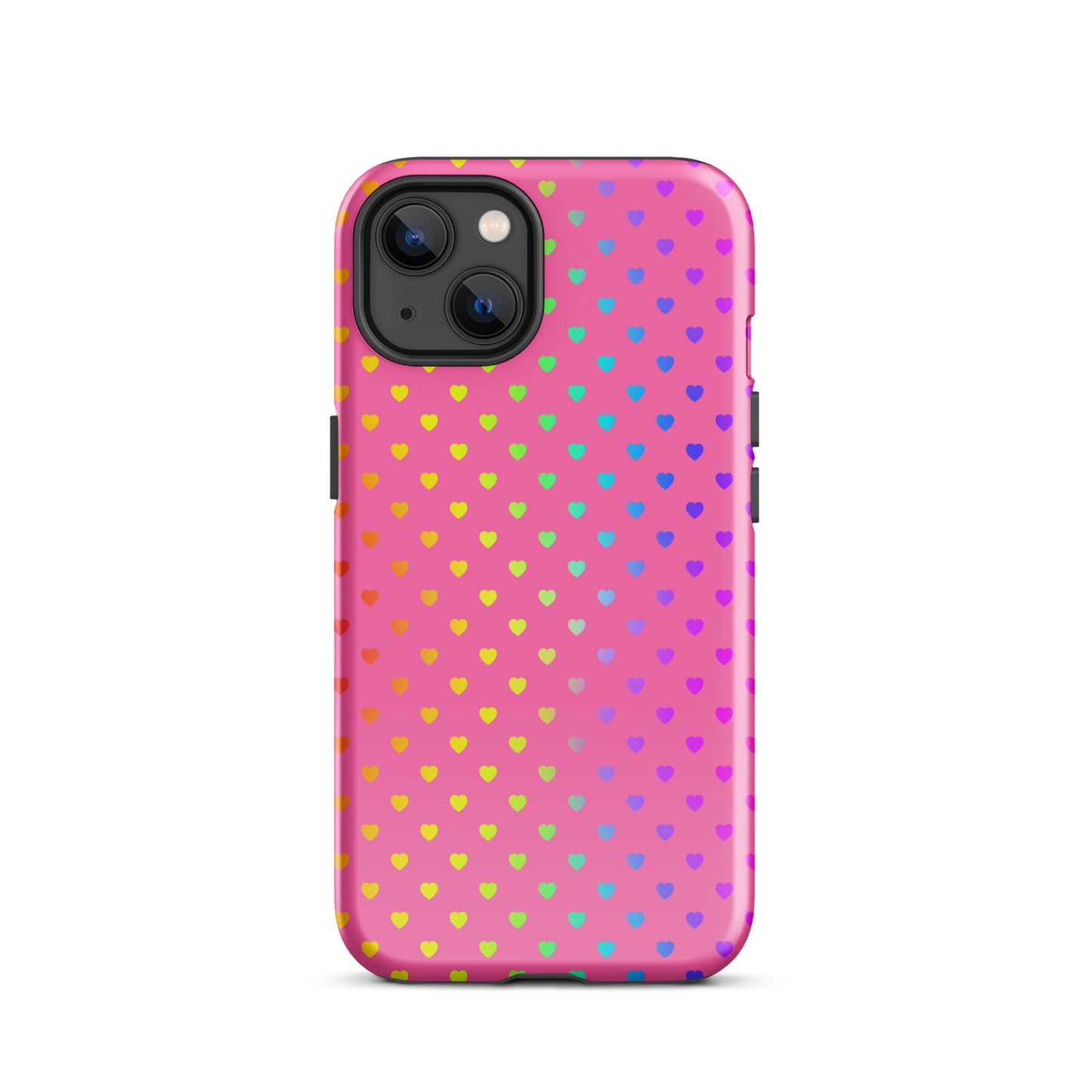 Phone Case for iPhone with cute rainbow hearts on pink background, showcasing colorful and playful design while offering protective features.
