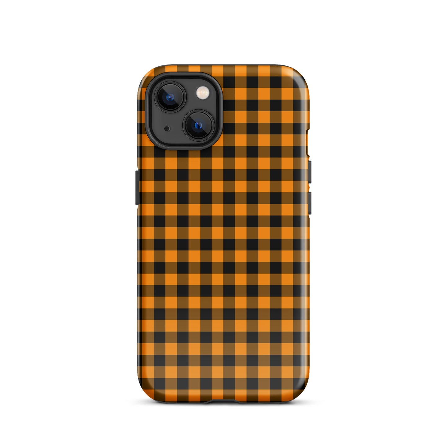 Black-and-orange gingham phone case for iPhone with autumn theme.