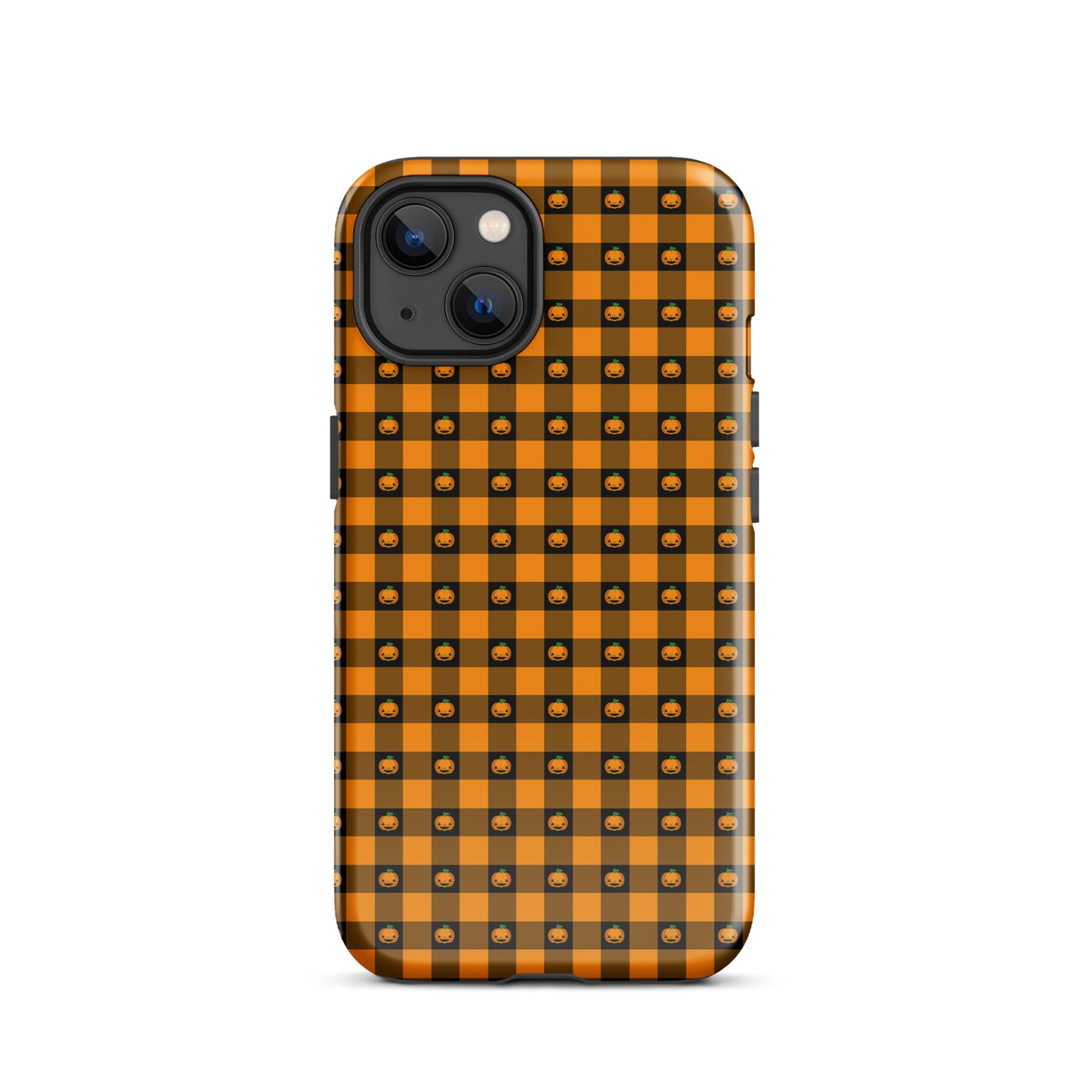 Phone Case for iPhone with playful pumpkin gingham design, Halloween theme, featuring orange and black jack-o’-lantern pattern.