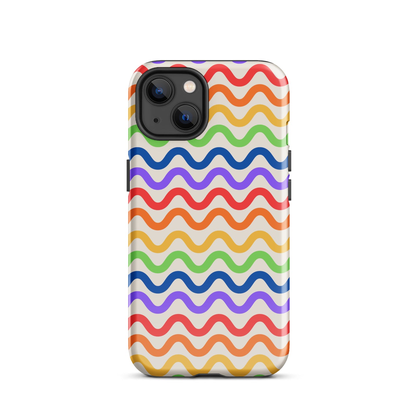 Phone Case with wavy rainbow pattern for iPhone, featuring colorful lines on a white background for a playful and tough style.