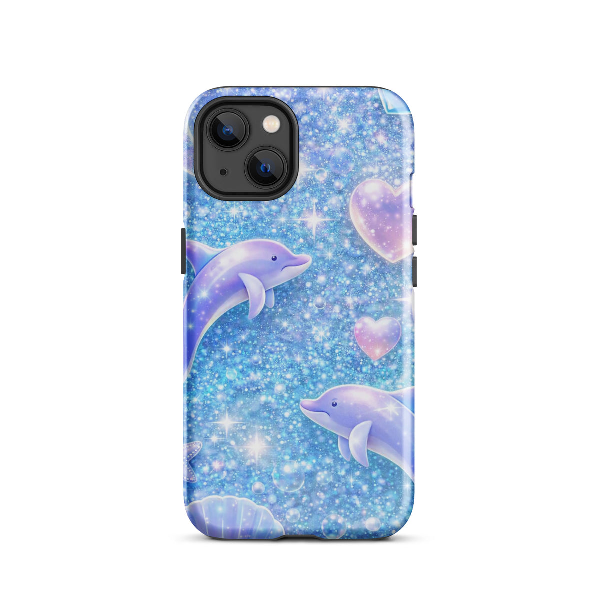Phone Case for iPhone with ocean glitter design, featuring dolphins, pastel moons, and shells against a starry backdrop.