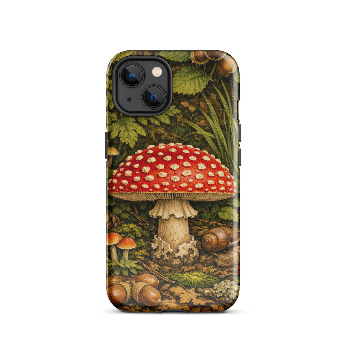 Phone Case for iPhone featuring Amanita Muscaria Mushroom in lush forest design with vivid red and white details.
