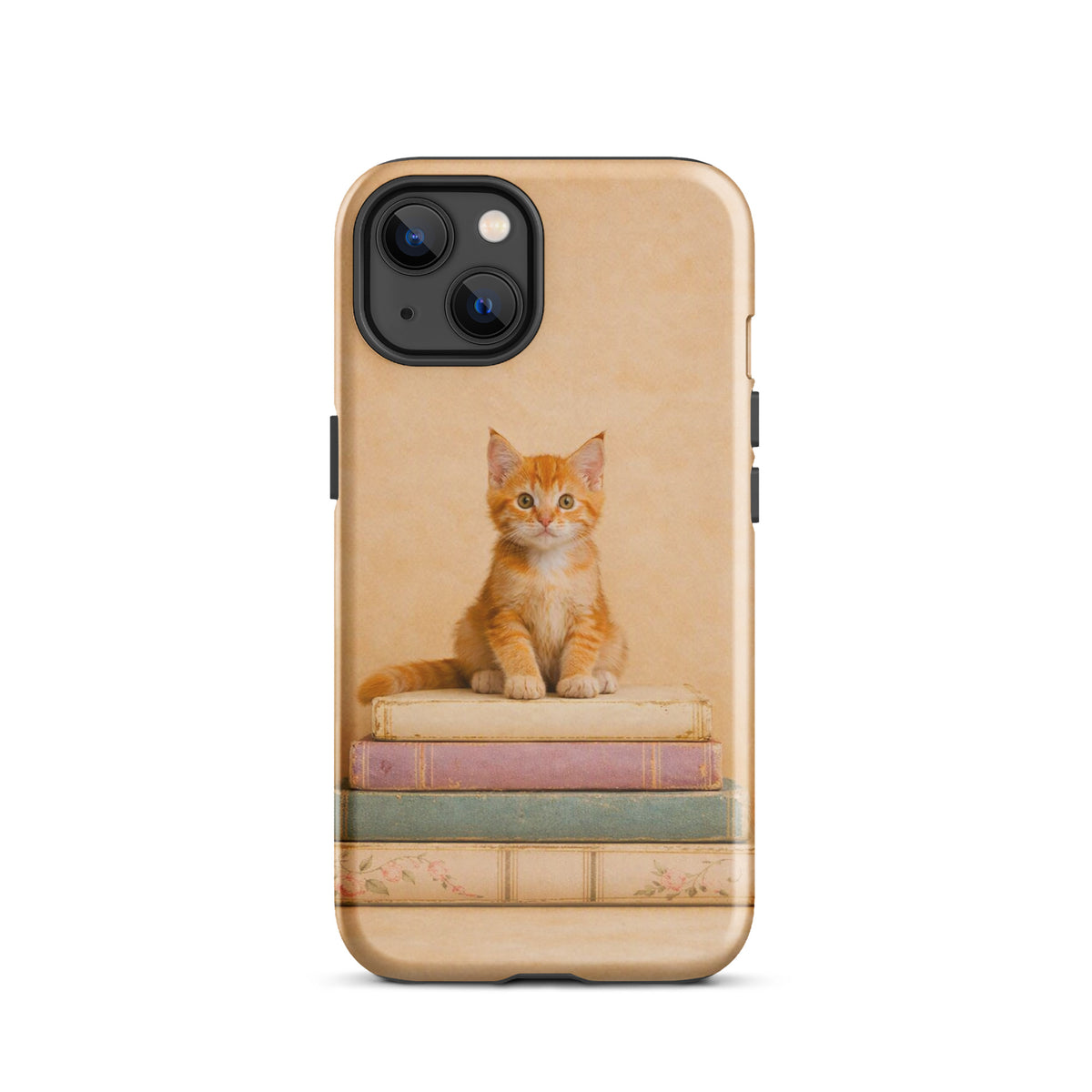 Phone Case for iPhone with orange kitten on vintage books design