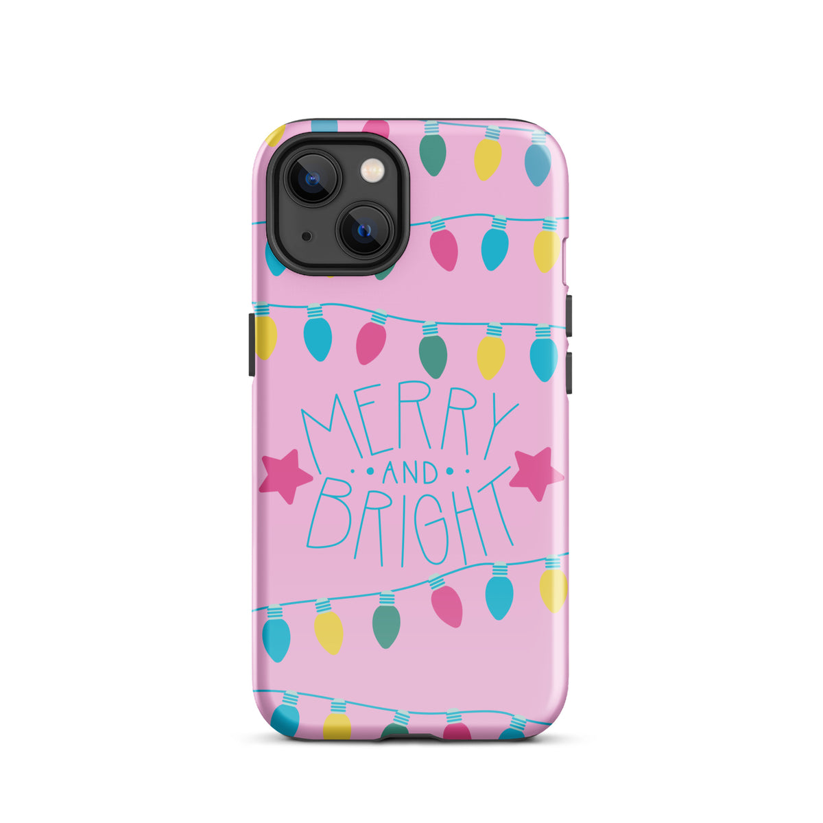 Phone Case for iPhone with 'Merry and Bright' design featuring colorful holiday lights on a pink background.