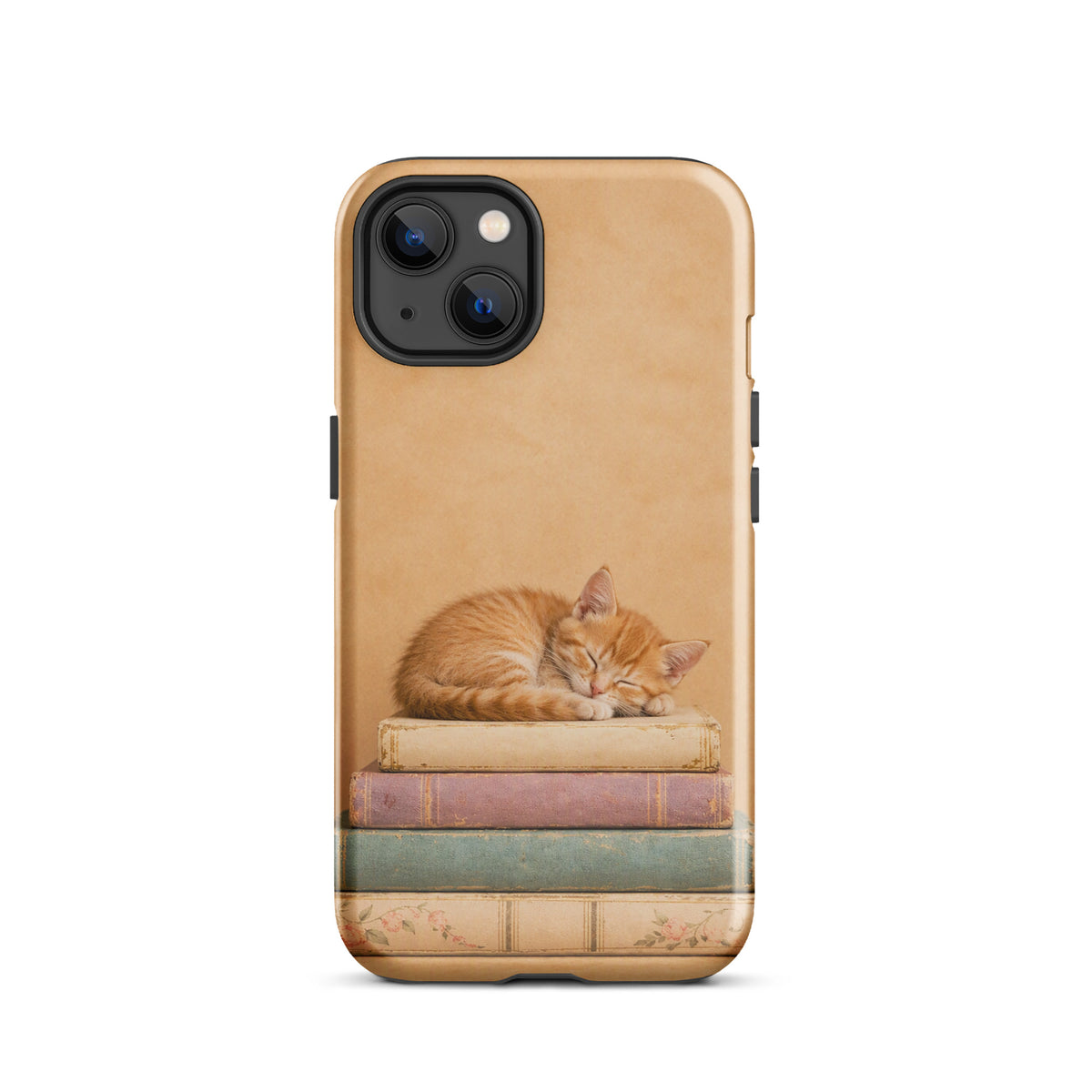 Phone Case for iPhone featuring a sleeping kitten on vintage books, with warm neutral colors and cozy design for book lovers.