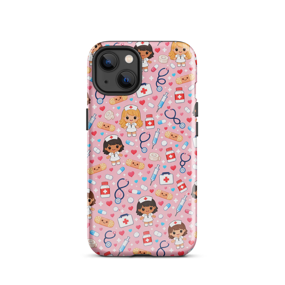 Phone Case for iPhone with cute kawaii nurse and medical pattern on pink background, featuring stethoscopes, syringes, and more.