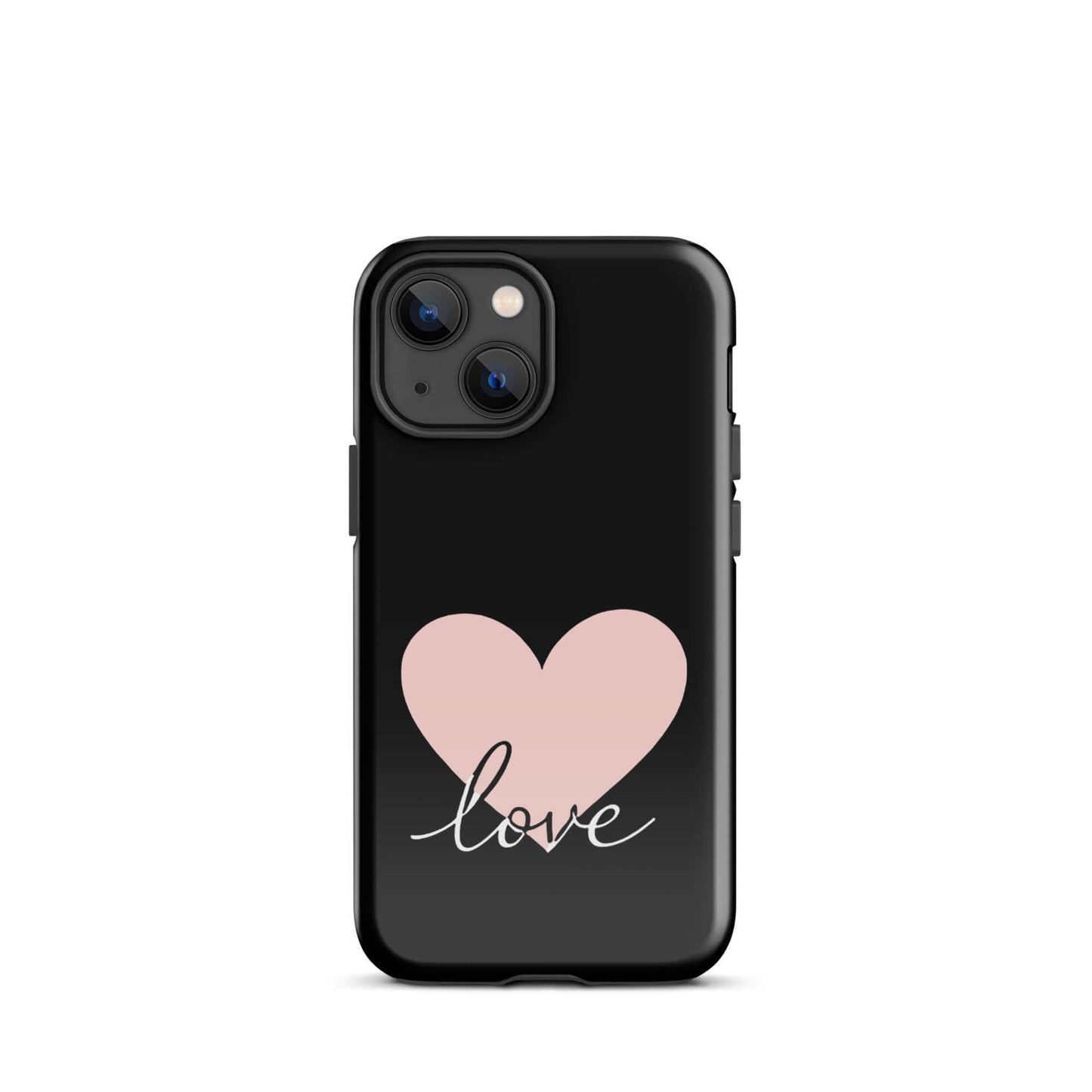 Phone Case for iPhone featuring a pink heart and script love design on a black background.